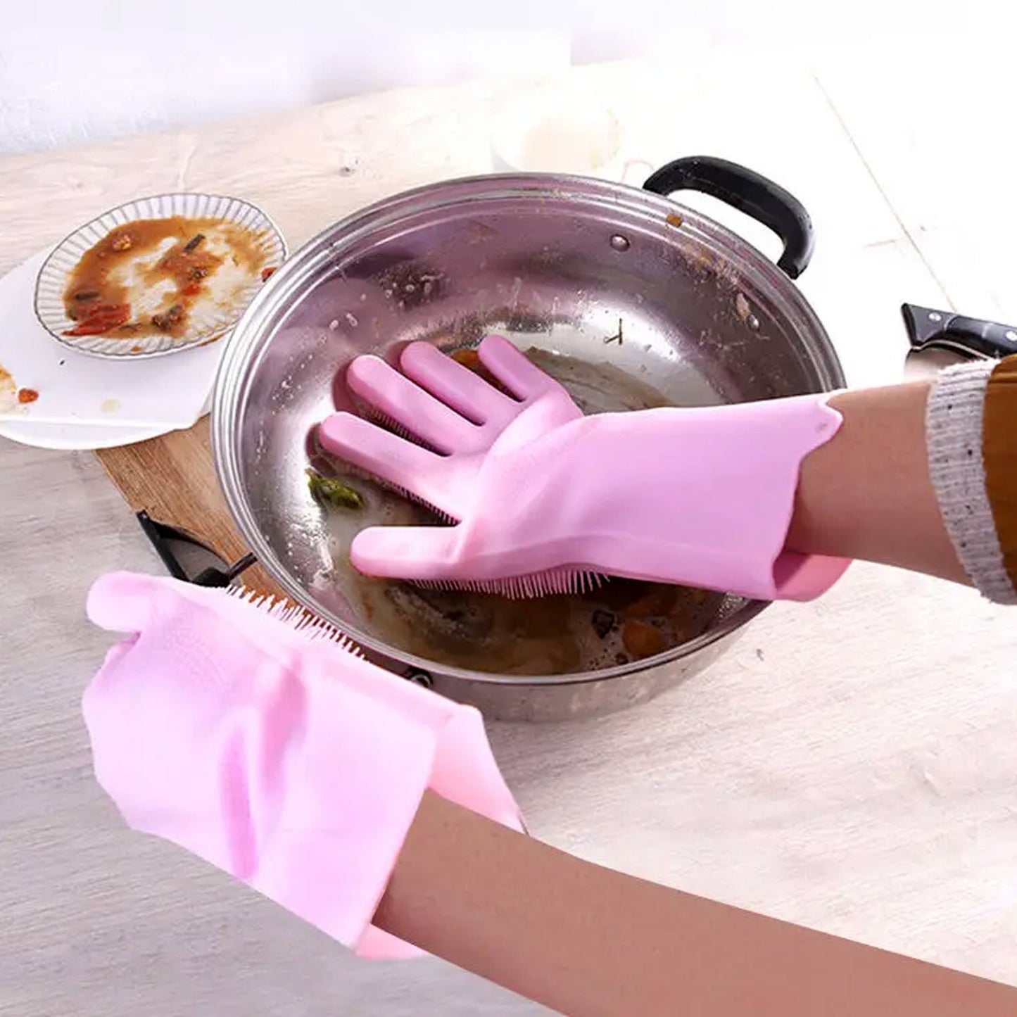 Dishwashing Gloves with Scrubber| Silicone Cleaning Reusable Scrub Gloves for Wash Dish Kitchen| Bathroom| Pet Grooming Wet and Dry Glove (1 Pair, 155Gm) - Springkart 