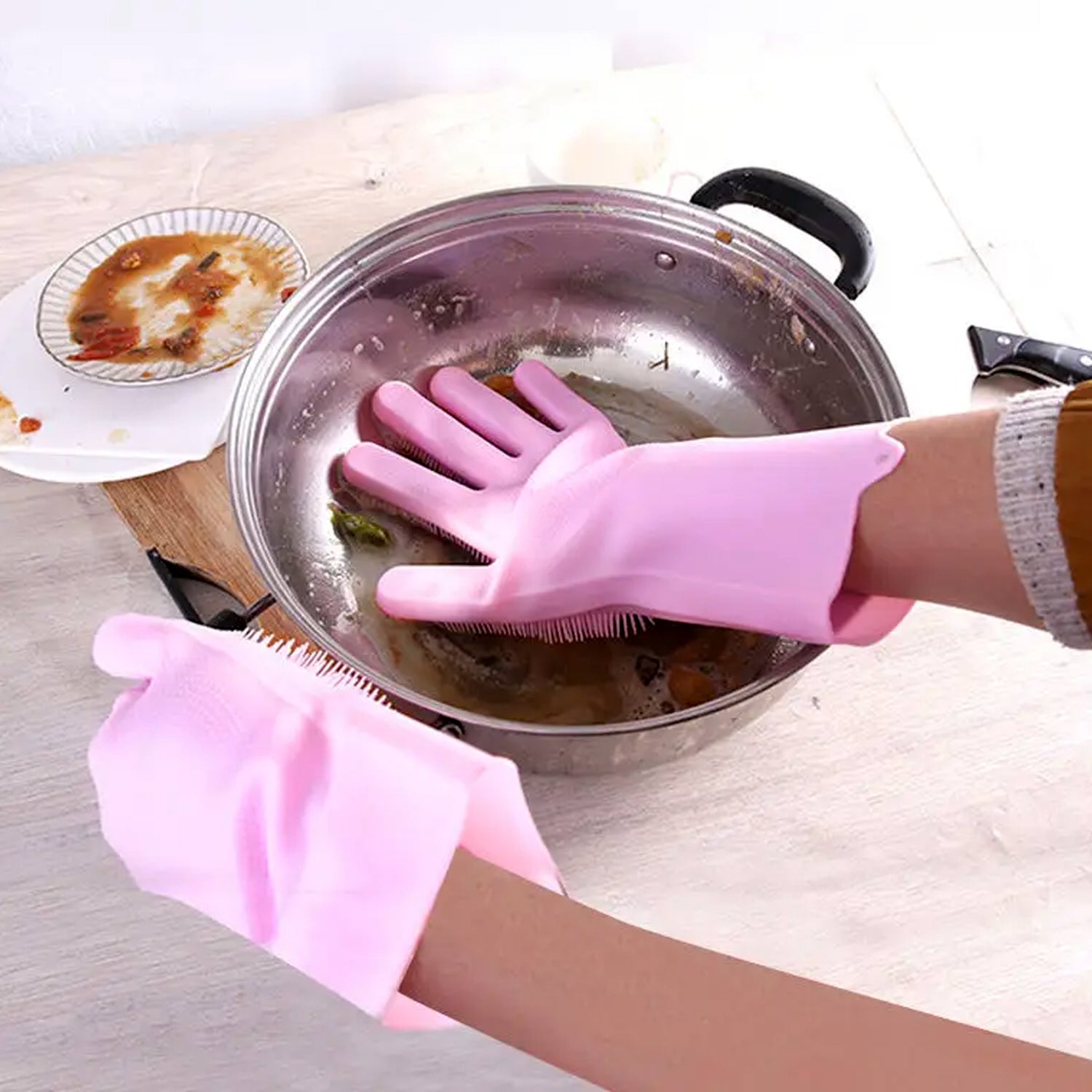 Dishwashing Gloves with Scrubber| Silicone Cleaning Reusable Scrub Gloves for Wash Dish Kitchen| Bathroom| Pet Grooming Wet and Dry Glove (1 Pair, 155Gm) - Springkart 