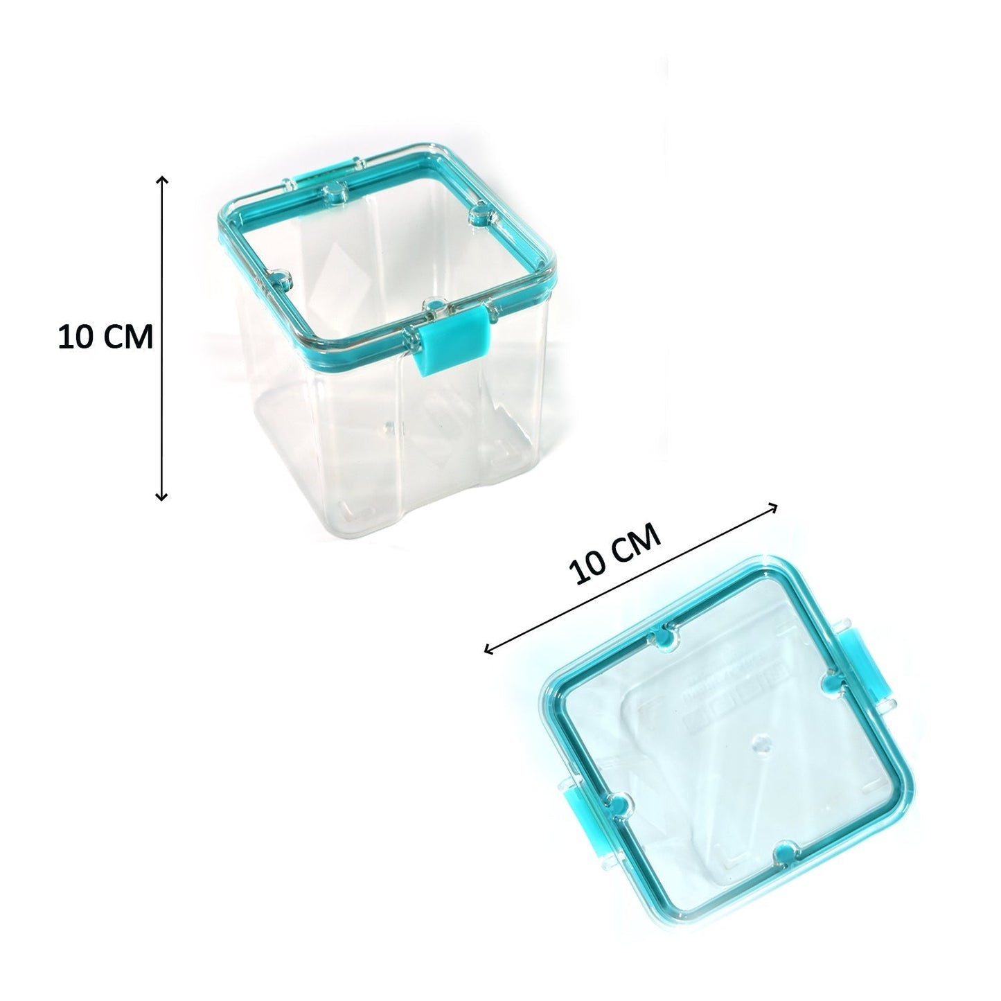 Square food storage containers, 700ml, shown with different food items.