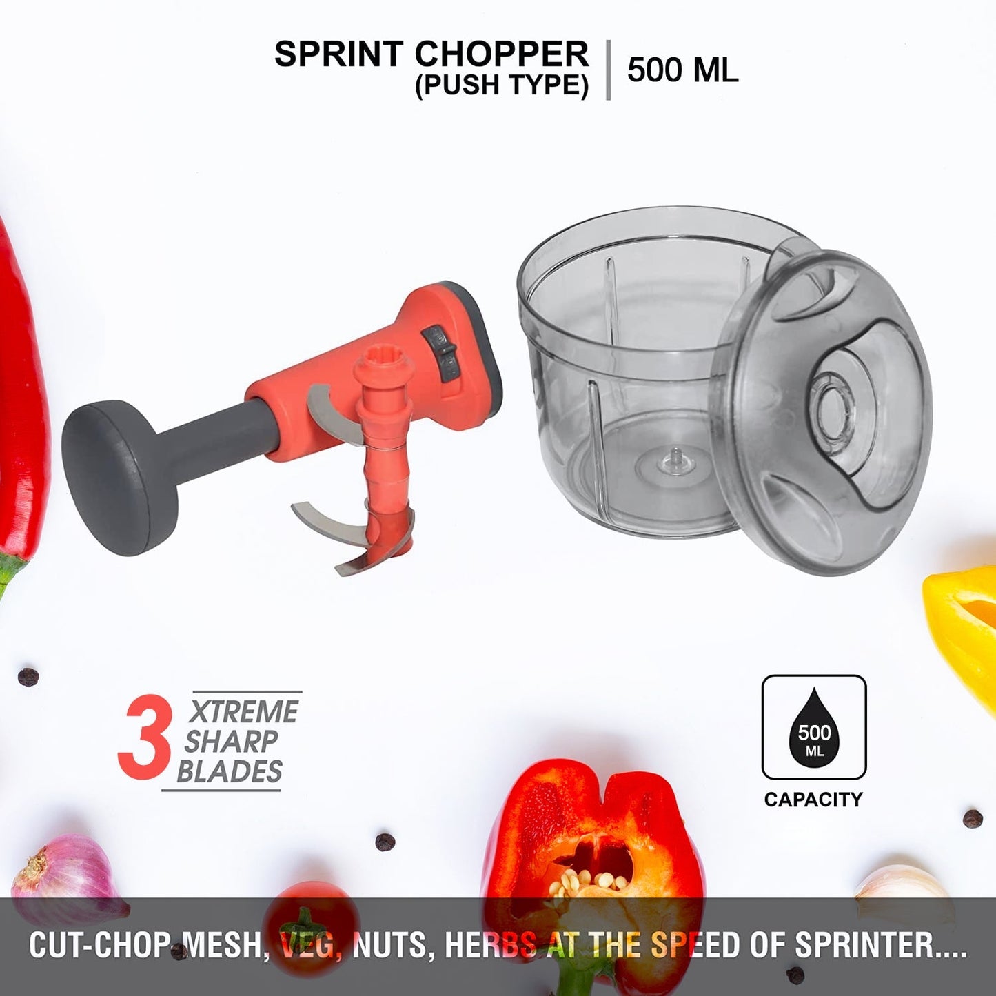 Matte Finish Hand Press Chopper with 3 Blades for Easy Vegetable & Fruit Chopping - Springkart 