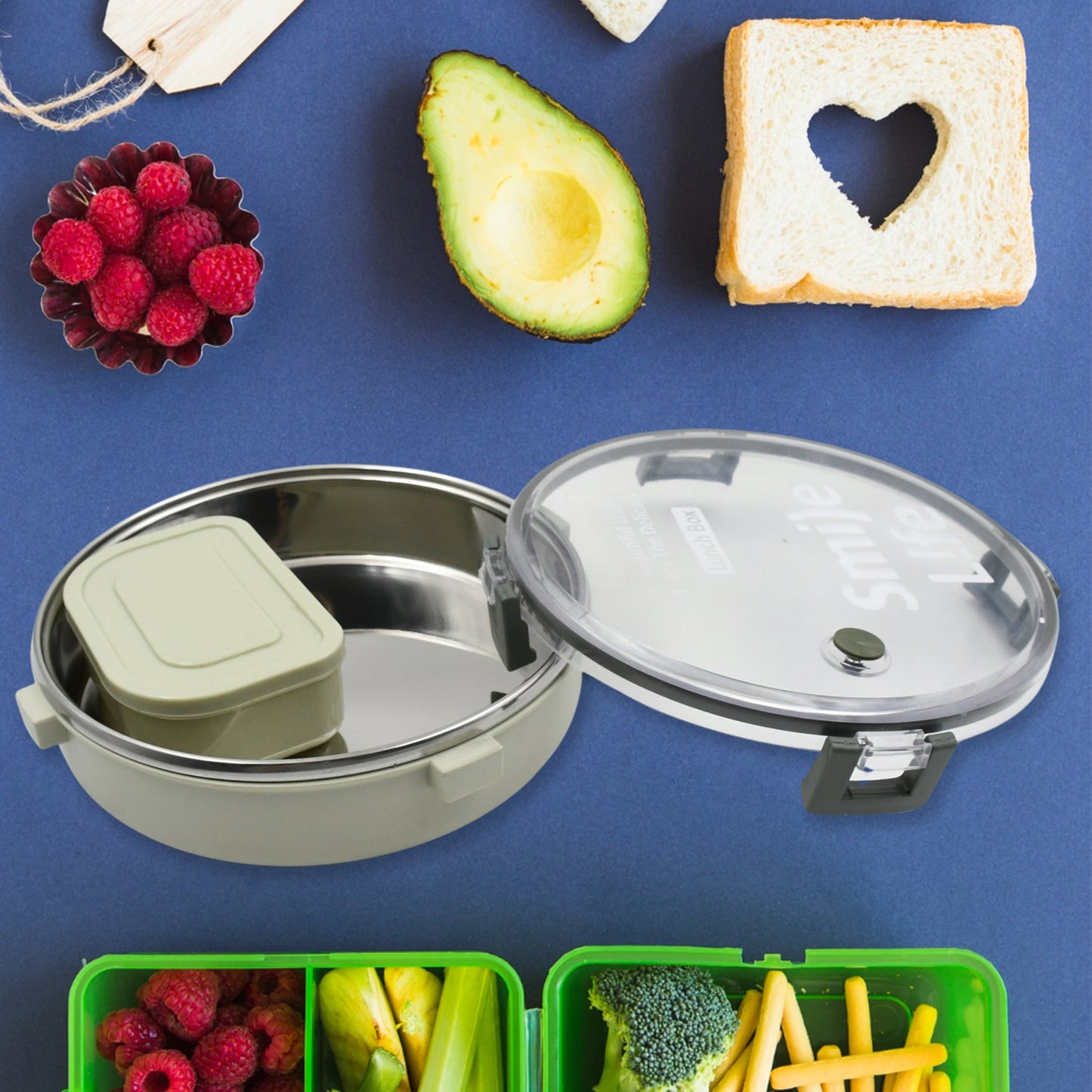 Miracle Stainless Steel Round Lunch Box, with Small Plastic Box Insert Leak Proof Lunch Box with Transparent lid, Lunch Box for Kids & Adults for School, Office (450 ML + 250 ML Approx) - Springkart 