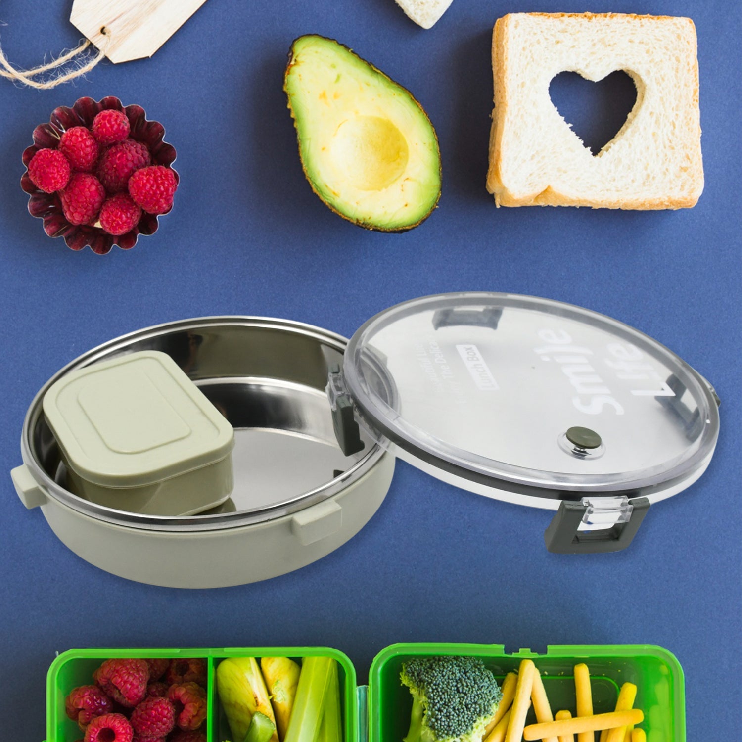 Miracle Stainless Steel Round Lunch Box, with Small Plastic Box Insert Leak Proof Lunch Box with Transparent lid, Lunch Box for Kids & Adults for School, Office (450 ML + 250 ML Approx) - Springkart 