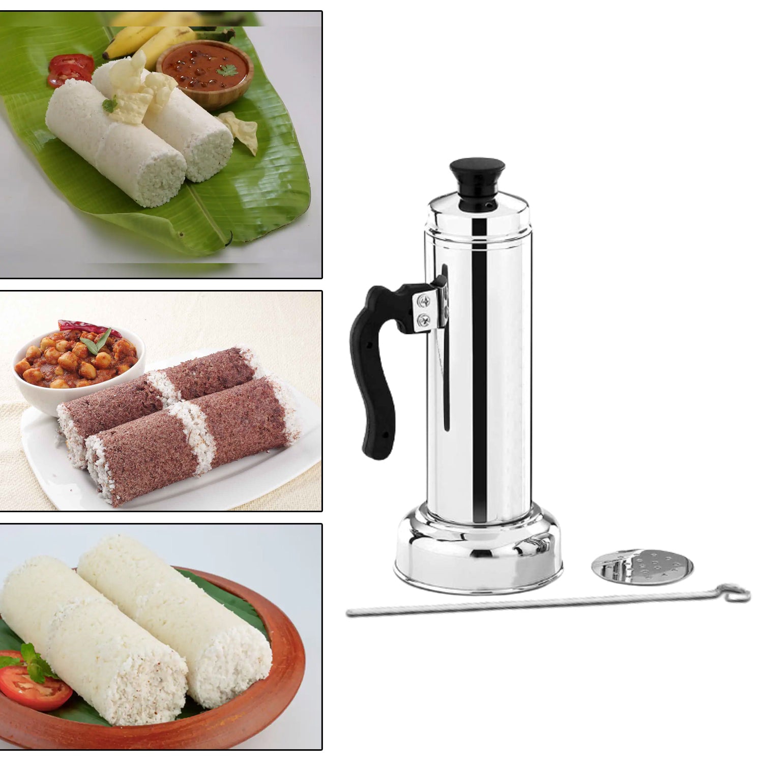 Puttu Maker Set with Steamer Plate & Pressure Cooker Top, Stainless Steel - Springkart 