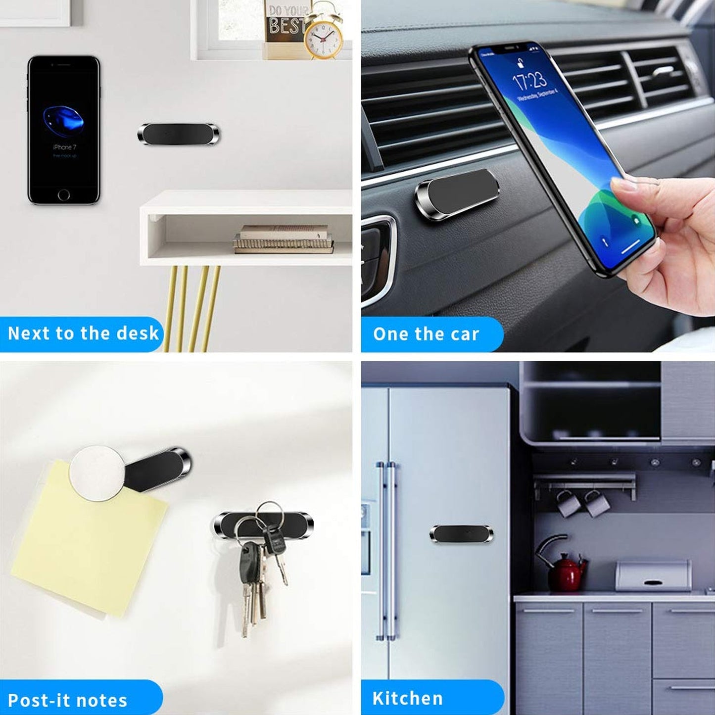 Magnetic phone holder for car, bike, or office.