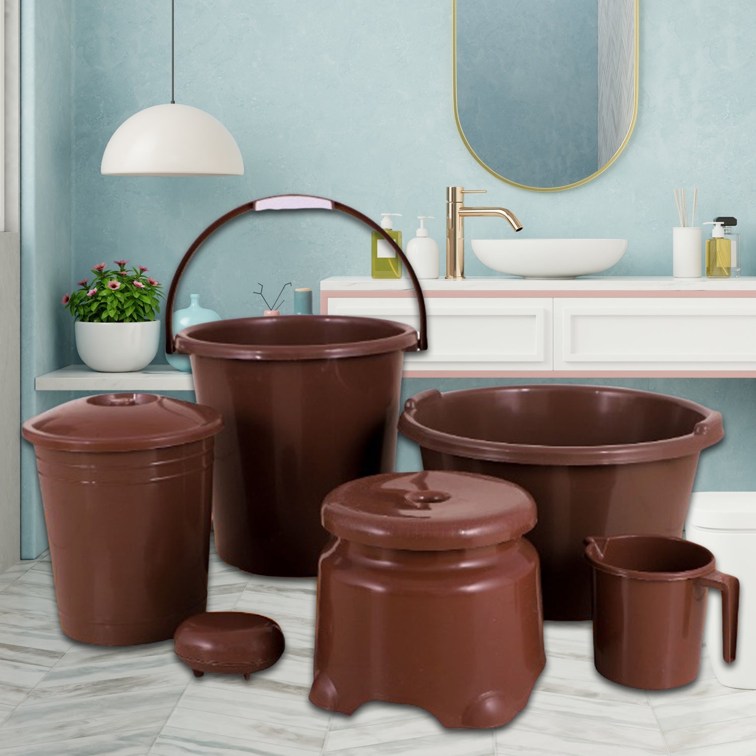 Plastic Bathroom Accessories Set 6 pcs Bath Set Bathroom Bucket with Dustbin Mug, Stool, Soap Case,Tub ( 6 Pcs Set ) - Springkart 