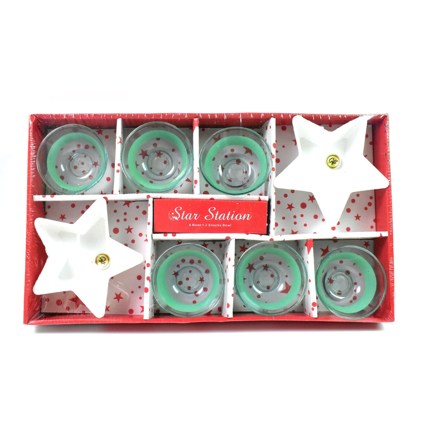 Star Station High Quality 6 Pc Glass Bowl & 2 Pc Plastic Star Shape Snack Bowl Set (8 Pcs Set) - Springkart 