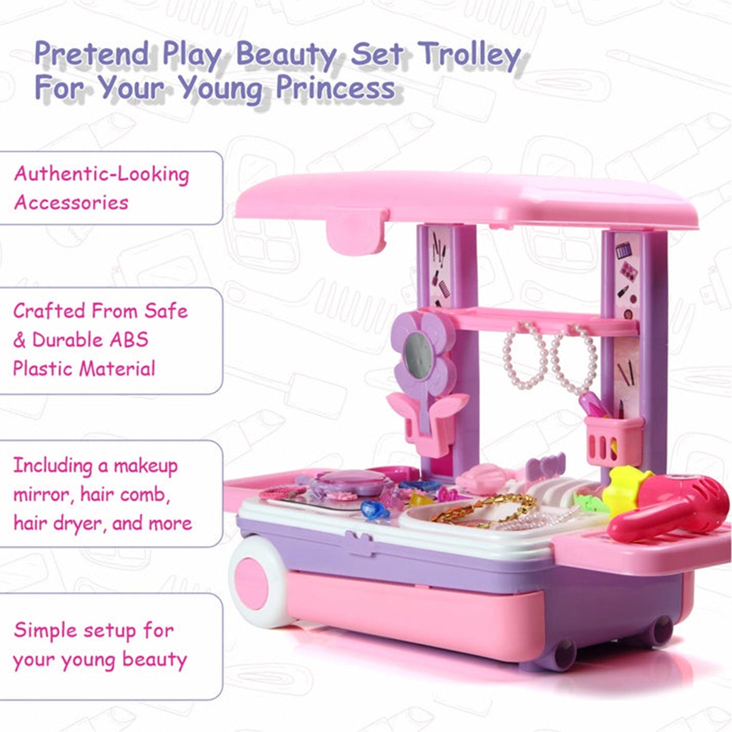 Big Beauty Set Suitcase On Wheel, The Ultimate Beauty Set On Wheels for Girls, Makeup Kit is Easy to Clean & Use, Portable Beauty Set with 25 Pieces for 3 Years BIS Approved. (Beauty Set Trolley) - Springkart 
