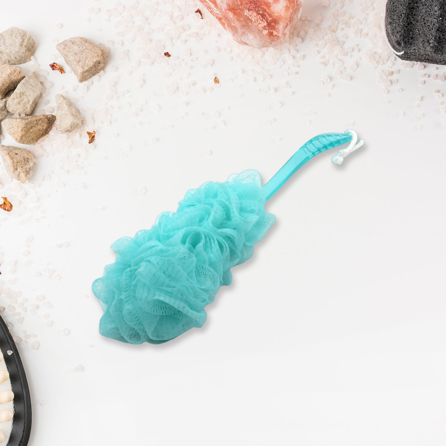 Mesh back scrubber with long handle for comfortable use