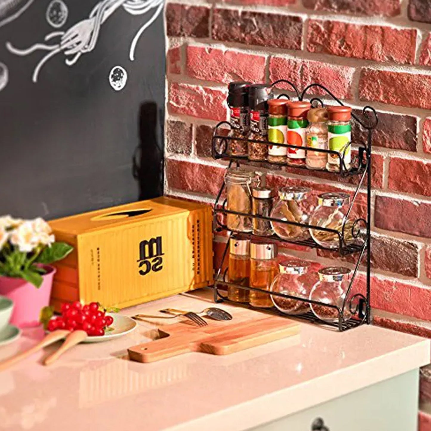 Big Wall Mounted Iron Wall Shelf with 3 Storage Racks for Kitchen, Pantry, Cabinet, Counter top or Free Standing, Rack Holder for Kitchen - Springkart 