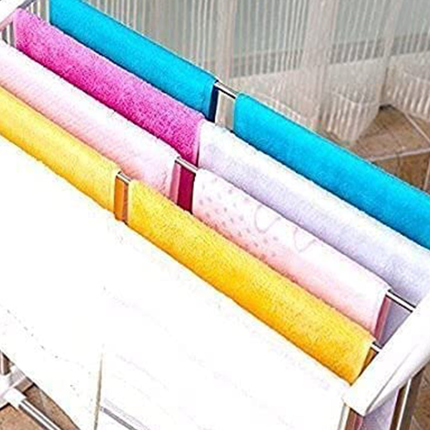 Multi-Functional Single Tier Mobile Towel Foldable Rack for Cloth and Towel / Stainless Steel and Plastic Made Mobile Towel and Cloth Rack Holder Indoor / Outdoor Standing Movable Cloth Dryer Rack, Balcony Cloth Drying Stand - Springkart 