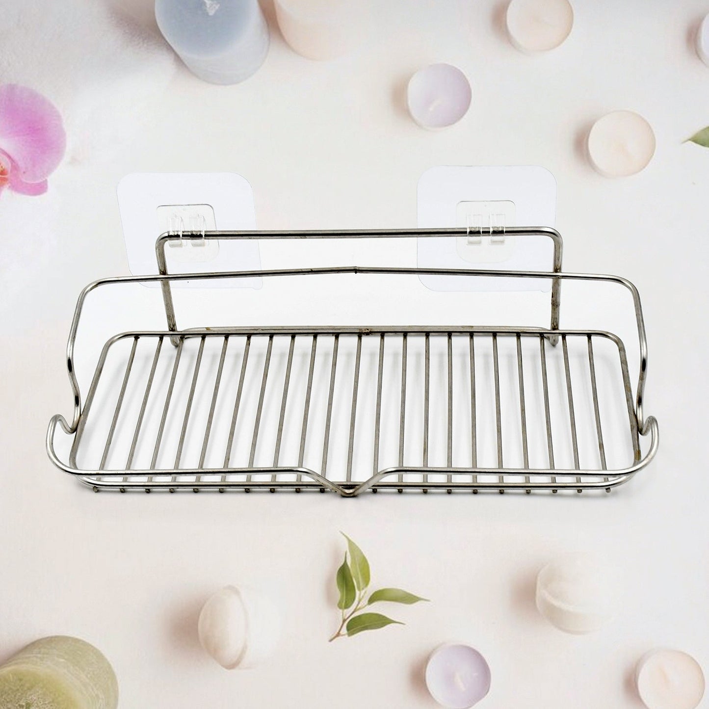 Stainless Steel Kitchen Bathroom Shower Shelf Storage Suction Basket Rack With 2 Hook (1 Pc) - Springkart 