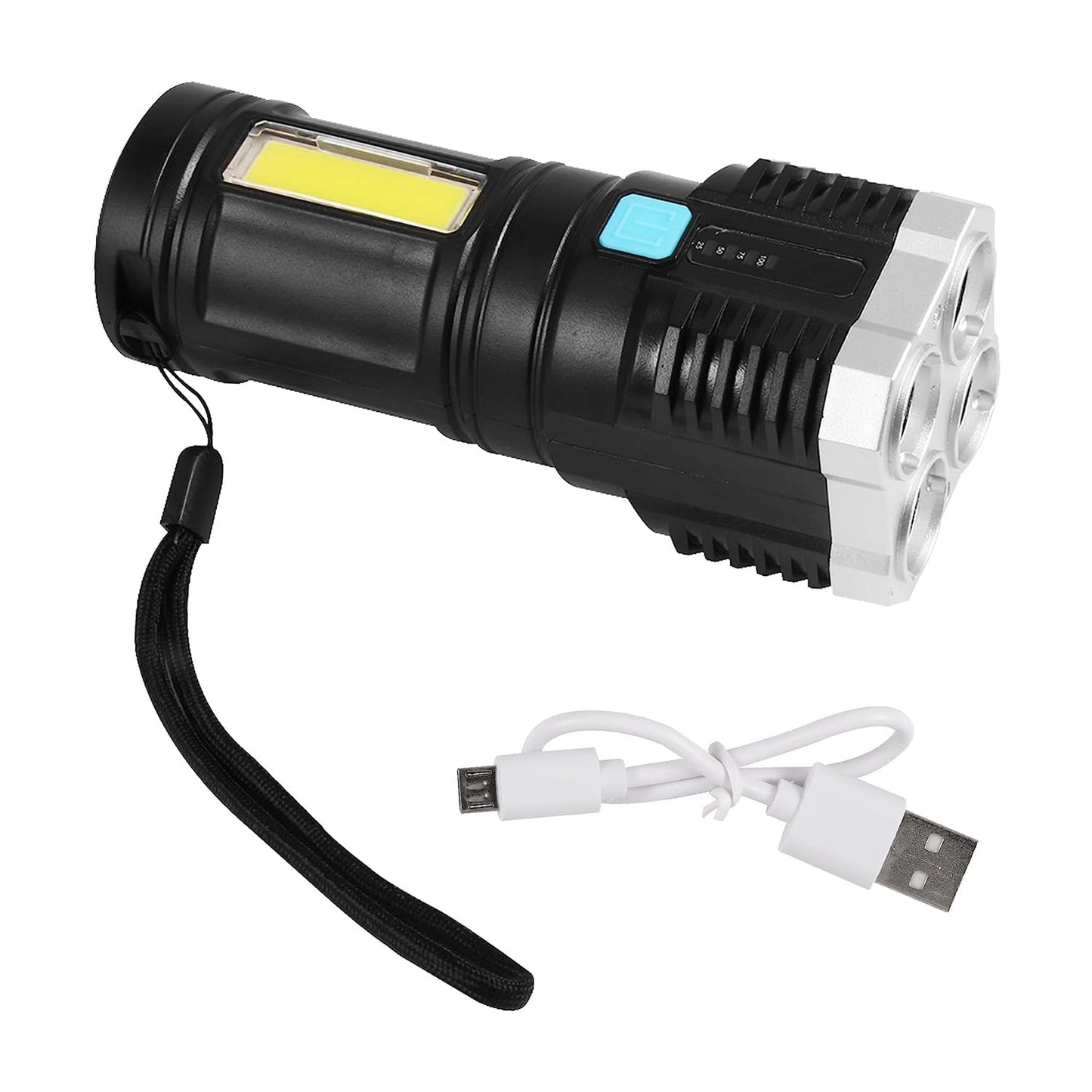 Multifunctional Strong 4 LED Torch Light, Portable Rechargeable Flashlight Long Distance Beam Range 800 Lumens COB Light 4 Mode Emergency for Hiking, Walking, Camping (4 LED Torch) - Springkart 