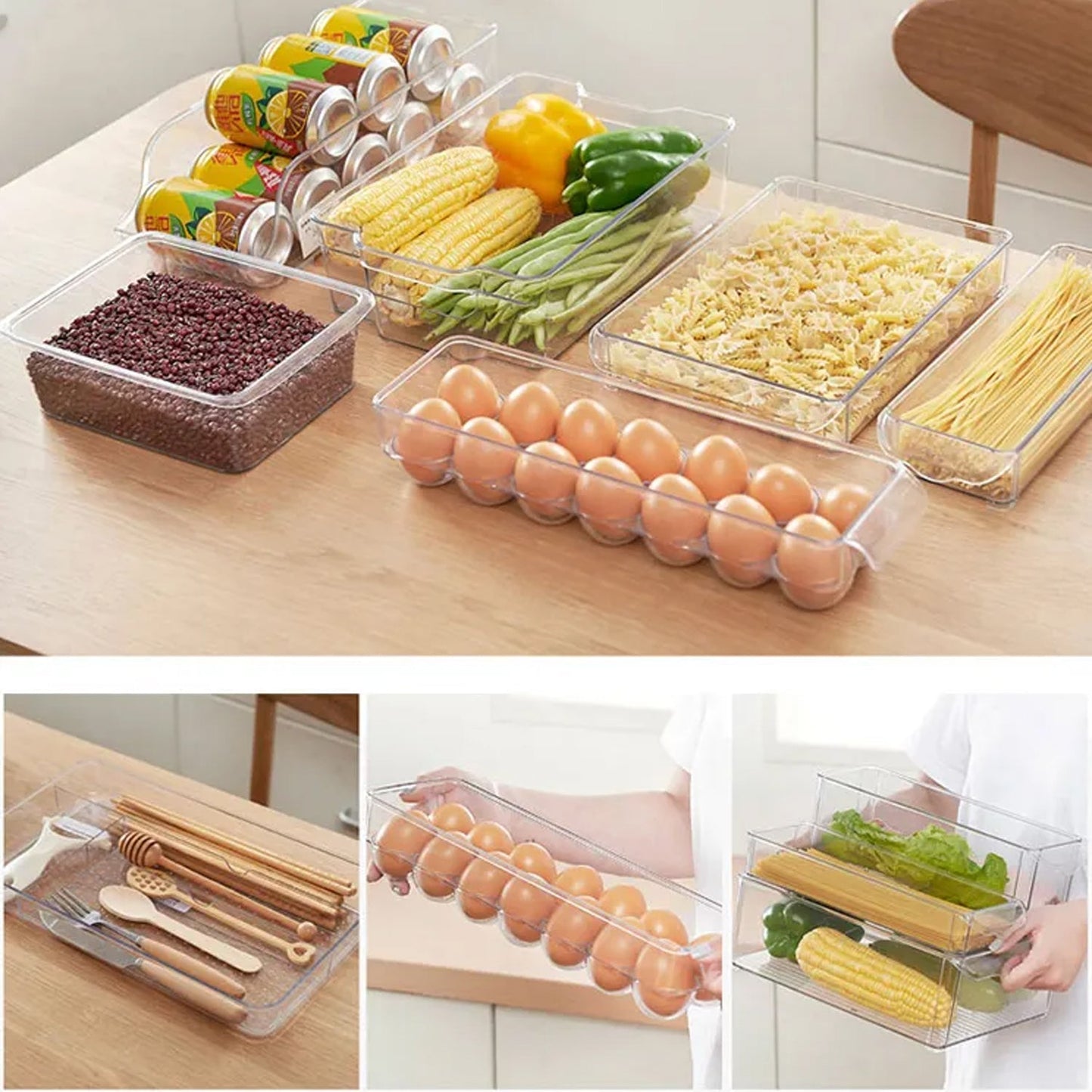 Stackable fridge organizer bins for kitchen and cabinets