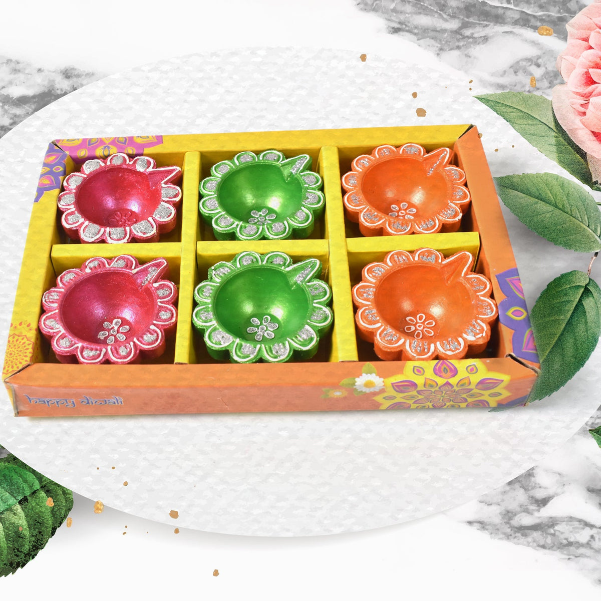 Decorative Hand Painted Clay Puja Diya for Diwali Handmade Diya (6 Pcs Set) - Springkart 