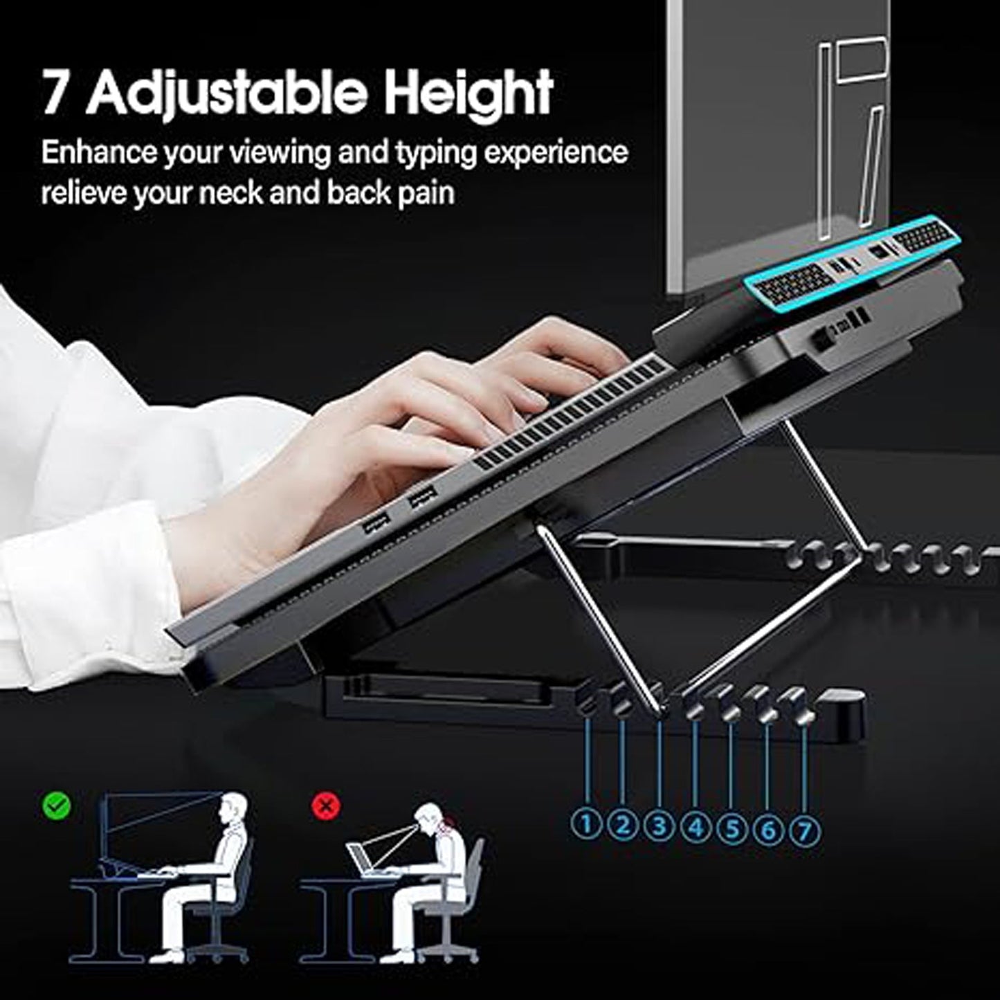 Laptop Cooler Cooling Pad with 2 Quiet Led Fans, Dual USB Ports, Portable Ultra Slim USB Powered 7 Heights Adjustable Laptop Stand for Gaming Laptop - Springkart 