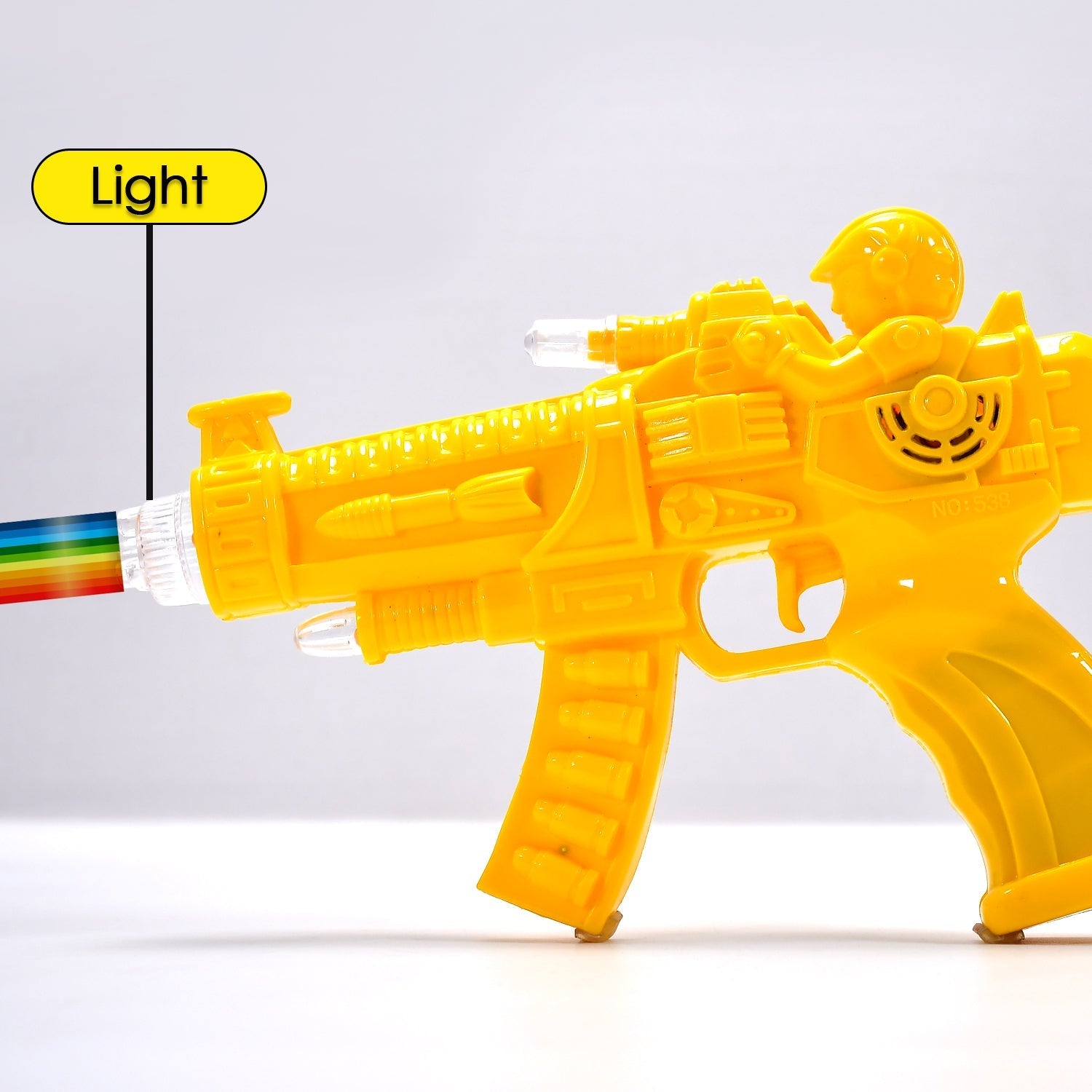 Glow gear gun with rainbow lights, side view