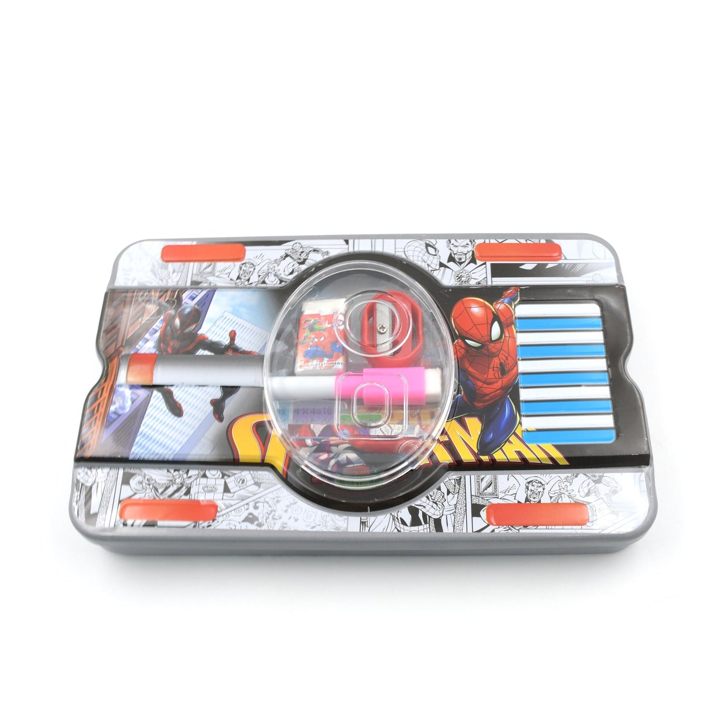 Big Cartoon Printed Metal Compass Box, Pencil Case With Sharpner, Eraser, Pencil, Marker & Scale for Kids Stationery Compass Box, Stationery Gift for School Kids Compass, Pencil Box, Birthday Return Gift for Kids (6 Pc Set) - Springkart 