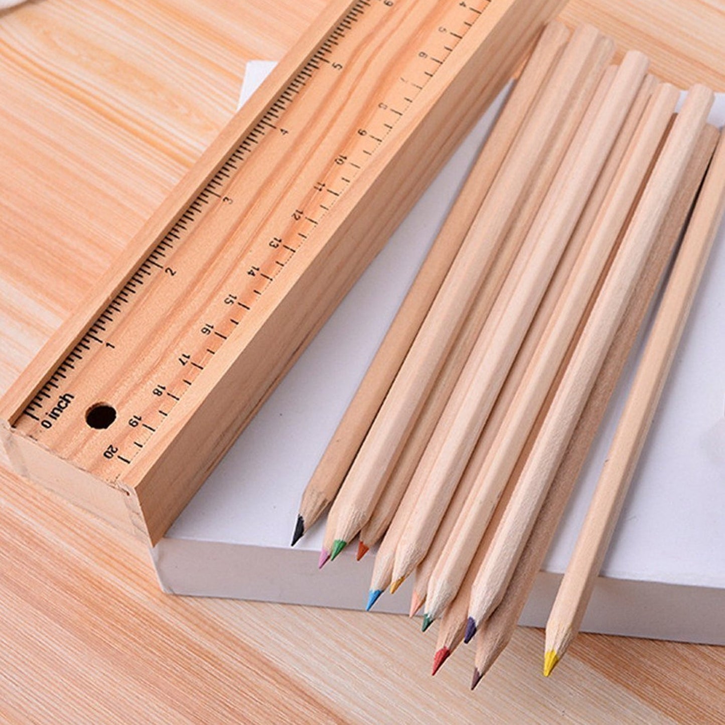 Colorful Wooden Pencil Set with Pencil box, Ruler, Sharpener For for Kids, Artist, Architect (12 Pcs Set) - Springkart 