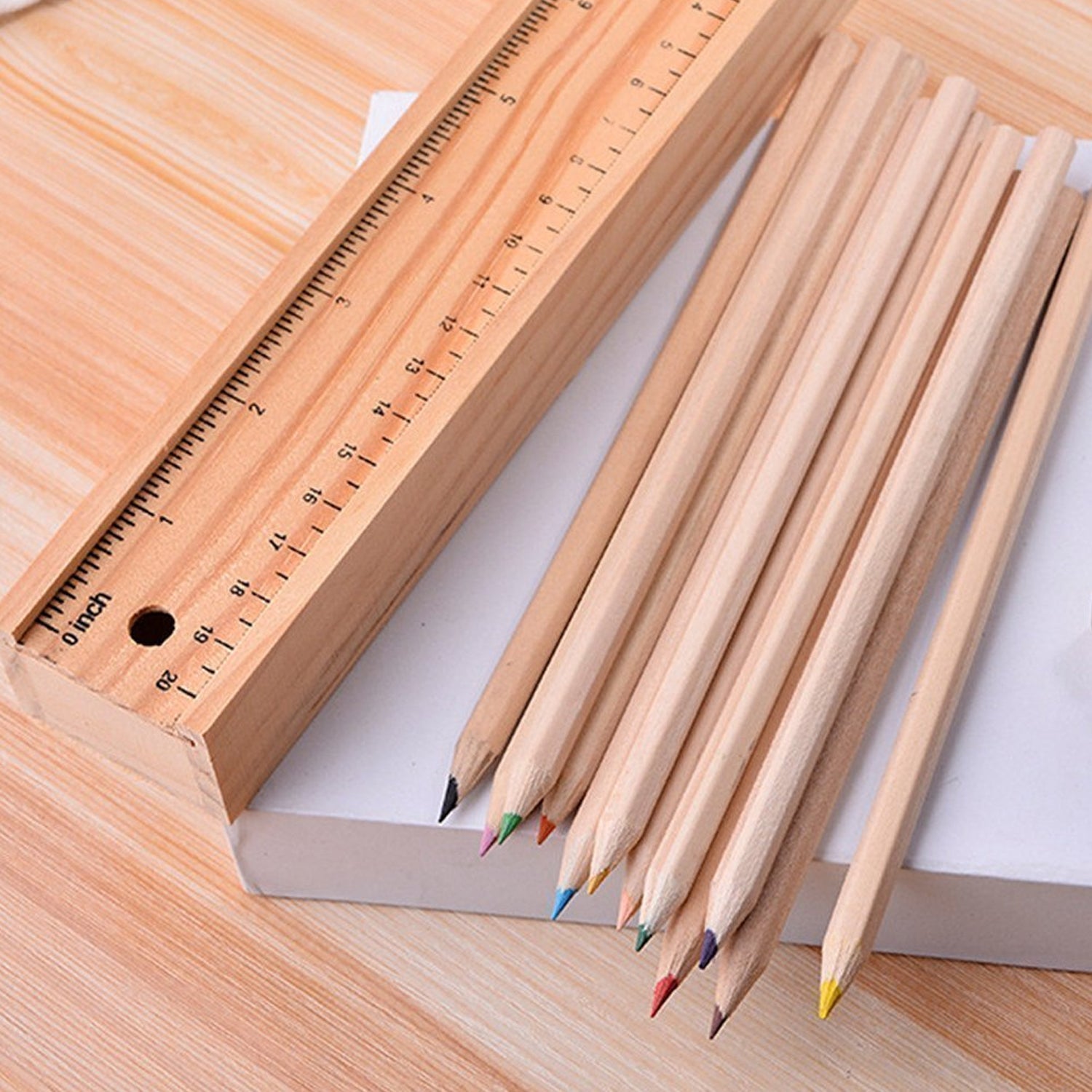 Colorful Wooden Pencil Set with Pencil box, Ruler, Sharpener For for Kids, Artist, Architect (12 Pcs Set) - Springkart 