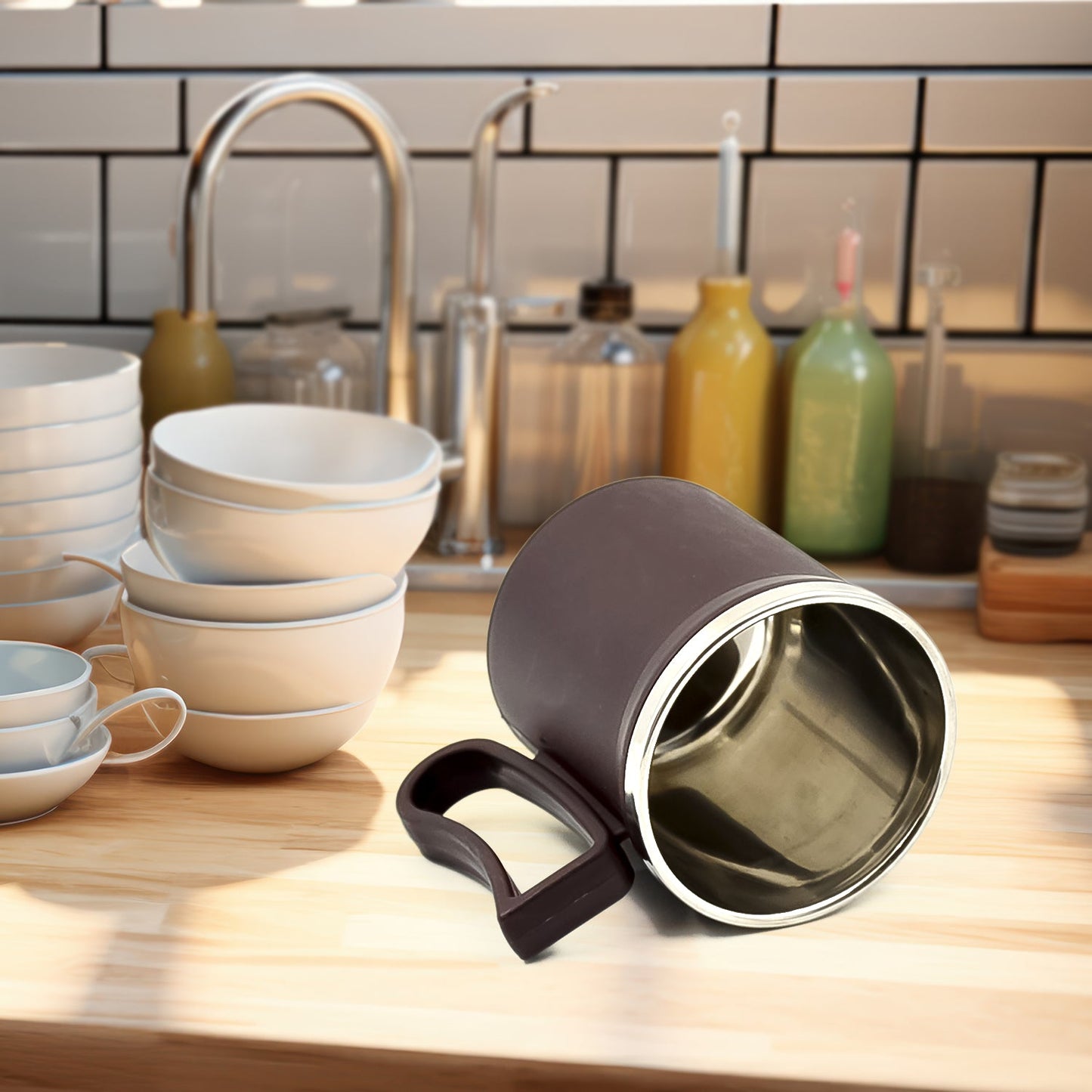 Coffee Mug with Lid and Handle-Plastic Covered Stainless Steel Mug (Random Color, Approx 200 ML) - Springkart 