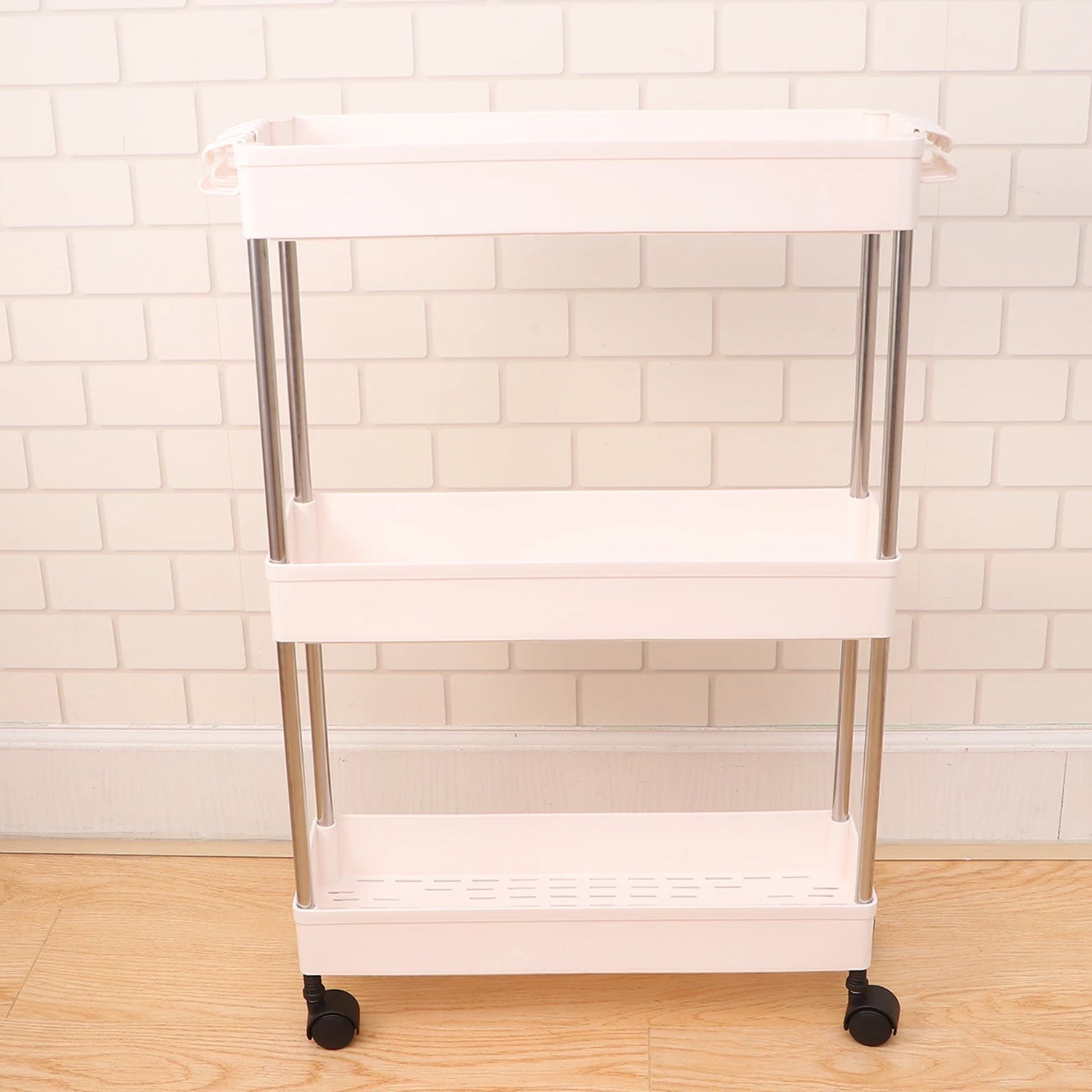 Space-saving kitchen storage rack with wheels.