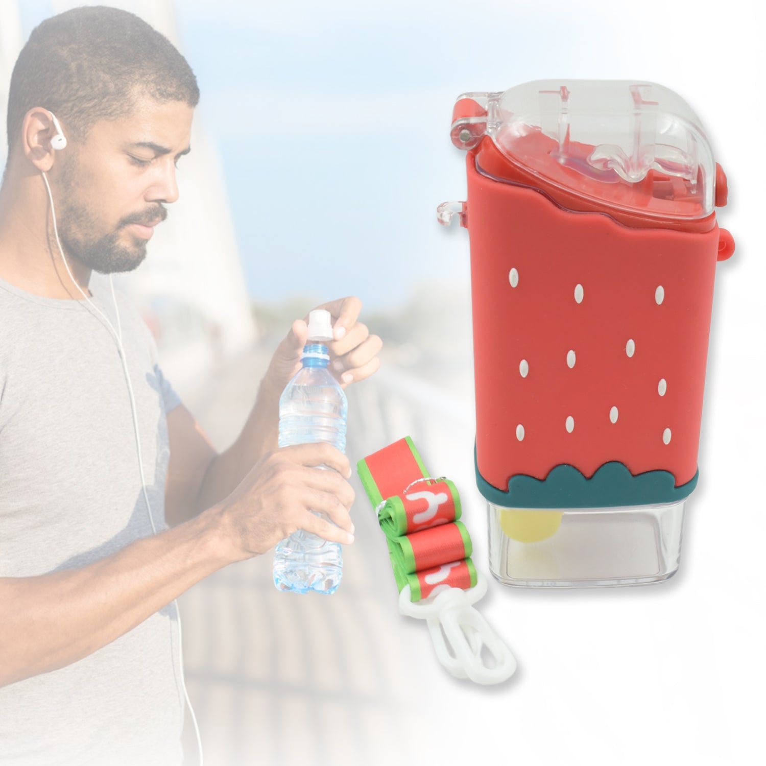 Portable Cute Water Bottle for Kids, Unique Ice Cream Shape water cup, Popsicle Shaped Plastic Kettle with Straw, Adjustable Shoulder Strap, BPA free, Leakproof (300 ML) - Springkart 