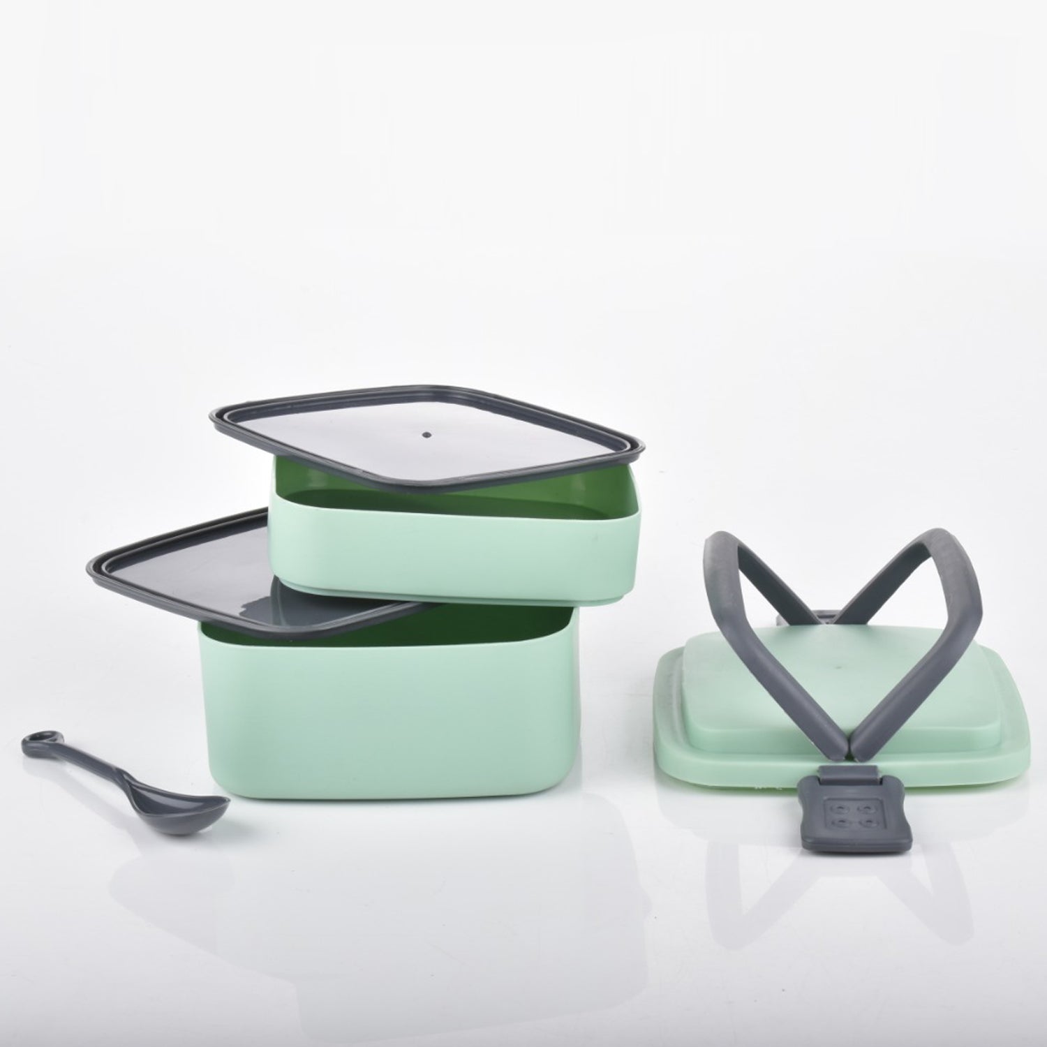 GREEN DOUBLE-LAYER PORTABLE LUNCH BOX STACKABLE WITH CARRYING HANDLE AND SPOON LUNCH BOX , Bento Lunch Box - Springkart 