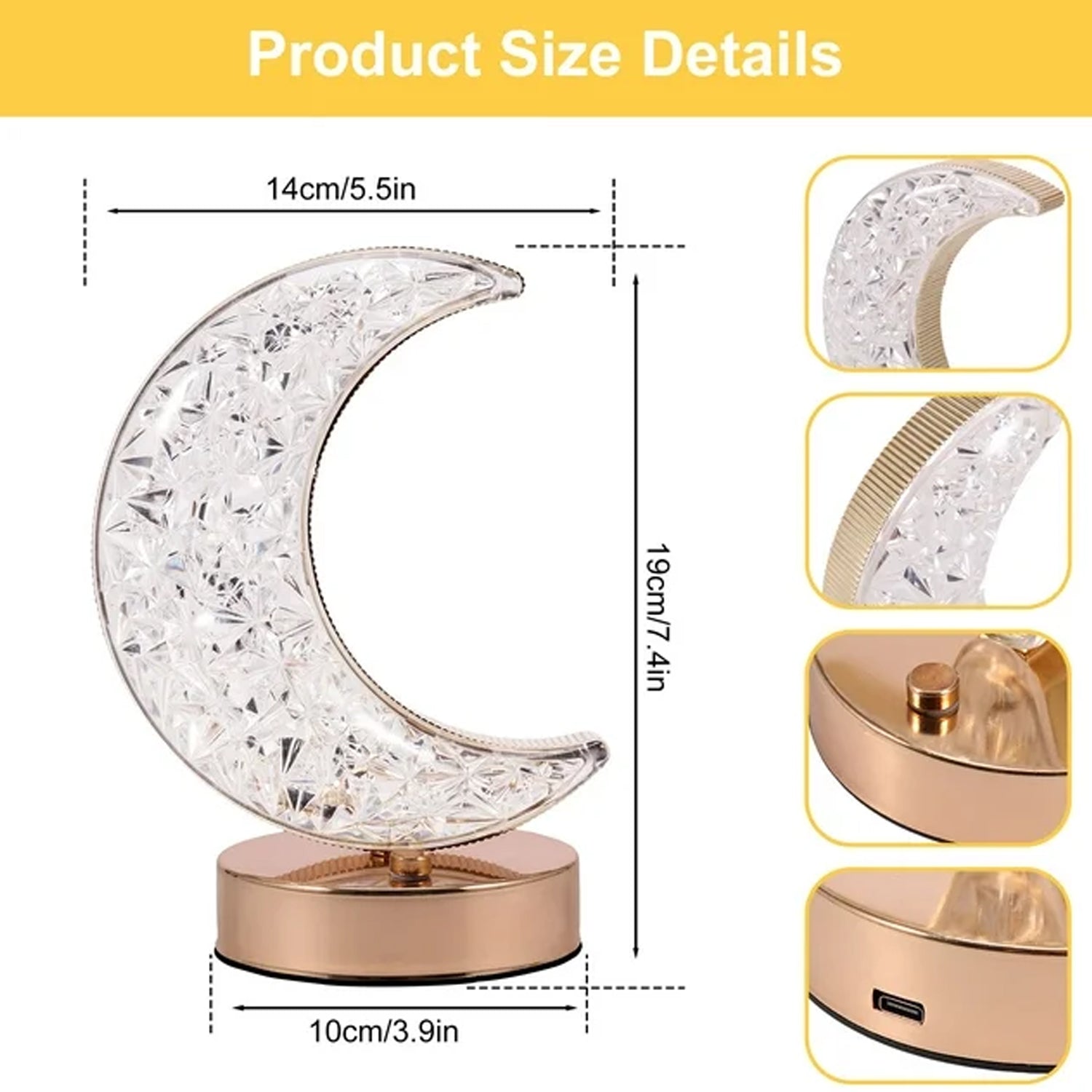 Crystal Table Lamp | Moon Shape Touch Control Lamp with 3 Color | Metal Bedside Lamp for Kids Bedroom Romantic Desktop Nightstand | Stepless Dimming USB Charging Touch Night Light - Springkart 