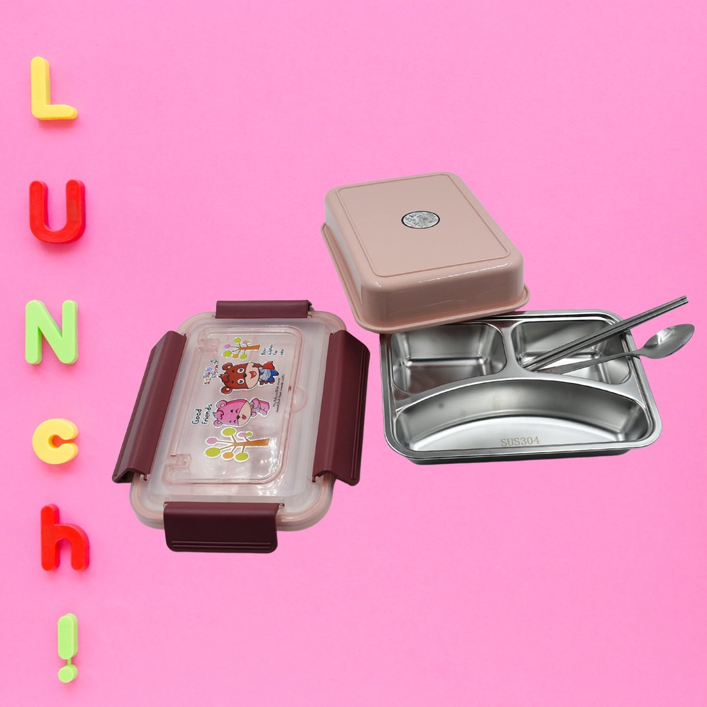 Food‑Safe Materials Kids Lunch Box With steel Spoon & chopsticks Compartment is Designed Made of 304 Stainless Steel Easy to Clean for School for Camping for Work for Home, Office - Springkart 