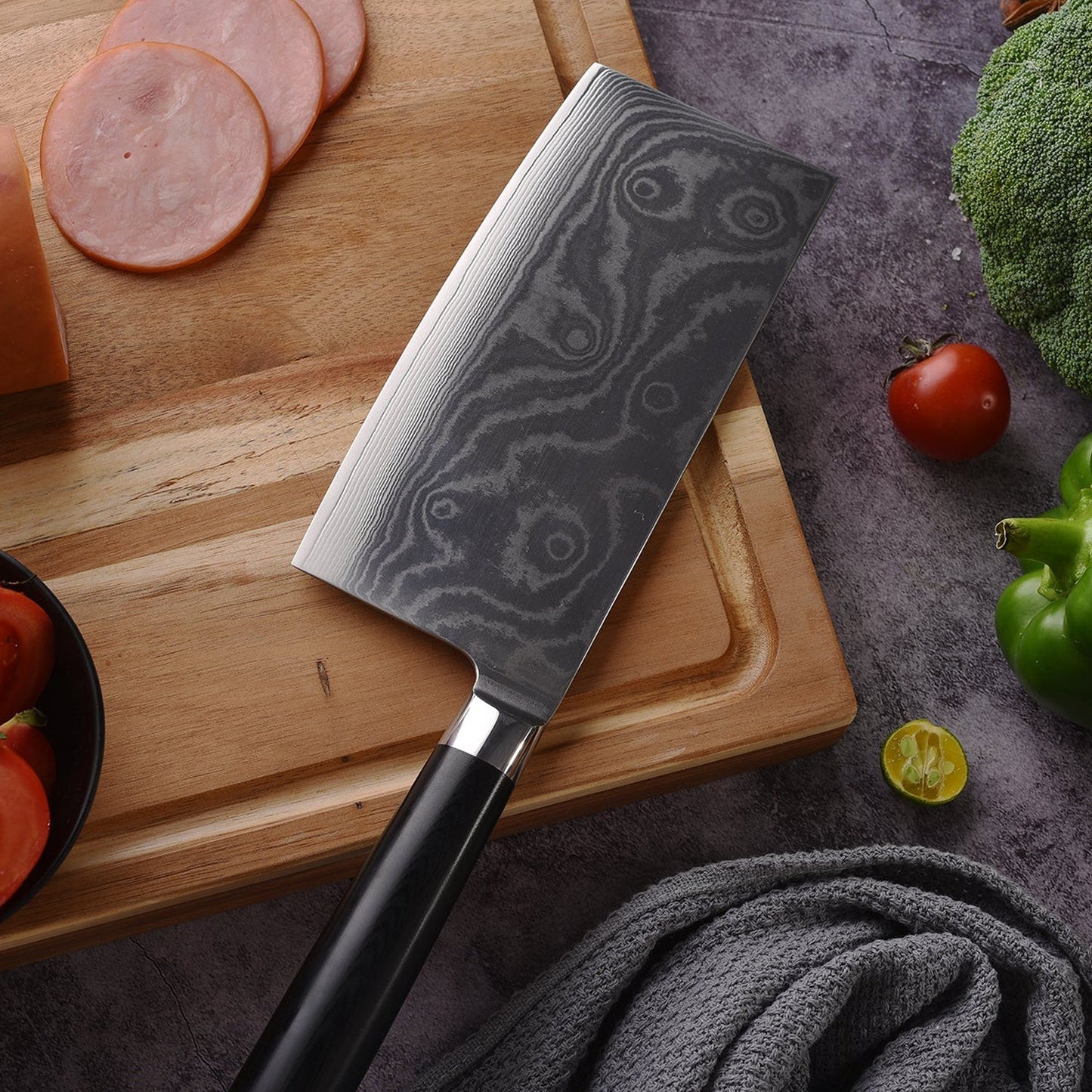 Stainless Steel Chef Damascus Cleaver Vegetable Knife with Plastic Handle & Cover, Multipurpose Use for Kitchen or Restaurant (12 Inch) - Springkart 