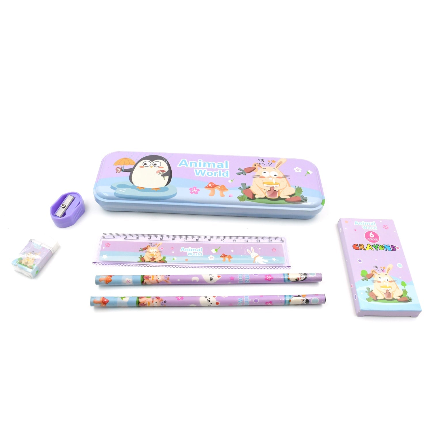School Supplies Stationery Kit with 1 Pencil Box Case 2 Pencils 6 Crayon Colors 1 Ruler Scale 1 Eraser 1 Sharpener Stationary Kit for Girls Pencil Pen Book Eraser Sharpener Crayons - Stationary Kit Set for Kids Birthday Gift (12 Pc Set) - Springkart 