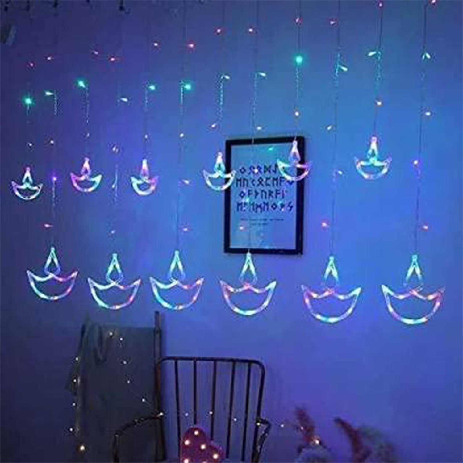 Multicolor 12 Diya Curtain String Lights, Window Curtain Lights with 8 Flashing Modes Decoration Light (Multi Color) - Springkart 