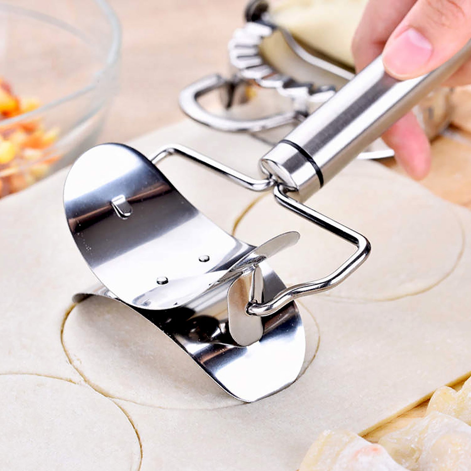 Multifunctional Easy and Fast Stainless Steel Puri cutter roller Machine with Handle for Home Baking Tools for Women, Dough Circle Roller Cutter for Kitchen (1 pc) - Springkart 