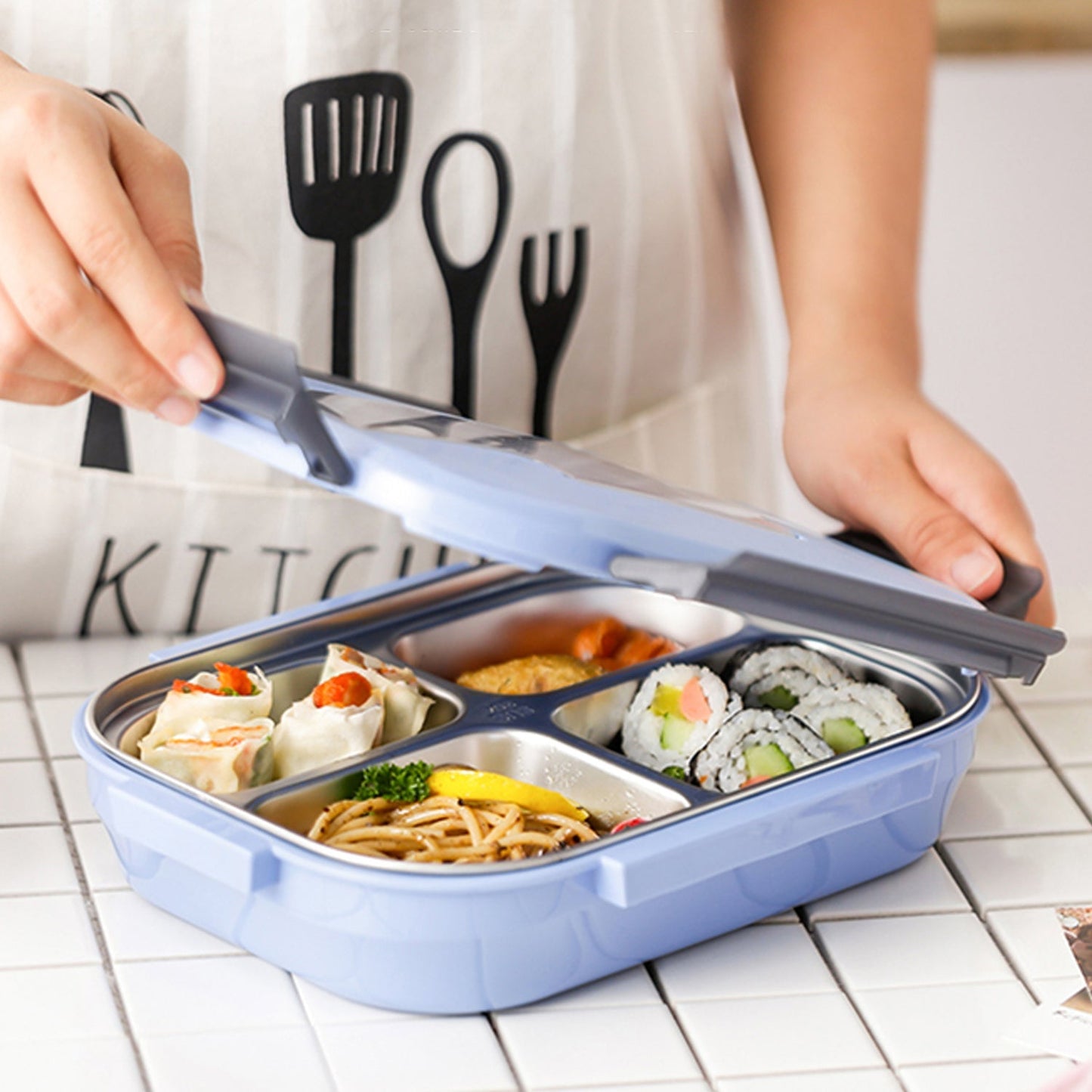 Black Transparent 4 Compartment Lunch Box for Kids and adults, Stainless Steel Lunch Box with 4 Compartments. - Springkart 