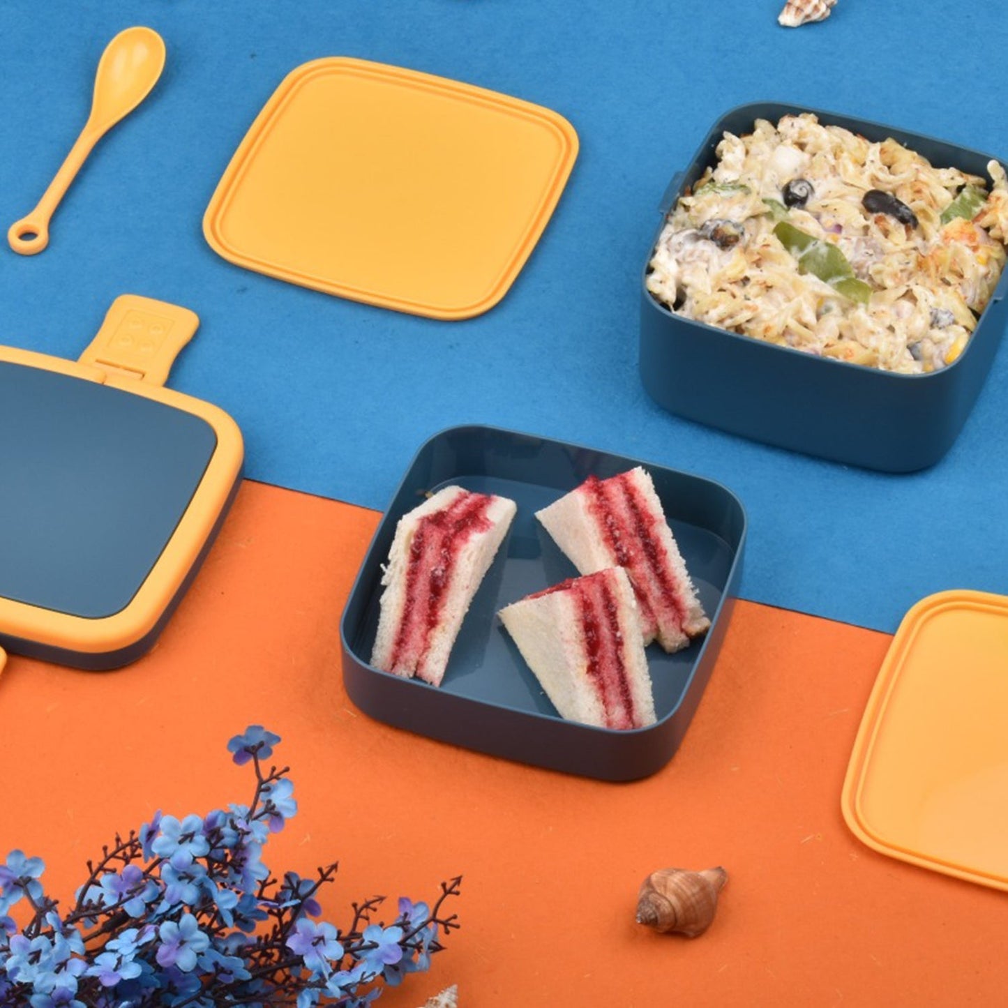 BLUE DOUBLE-LAYER PORTABLE LUNCH BOX STACKABLE WITH CARRYING HANDLE AND SPOON LUNCH BOX , Bento Lunch Box - Springkart 