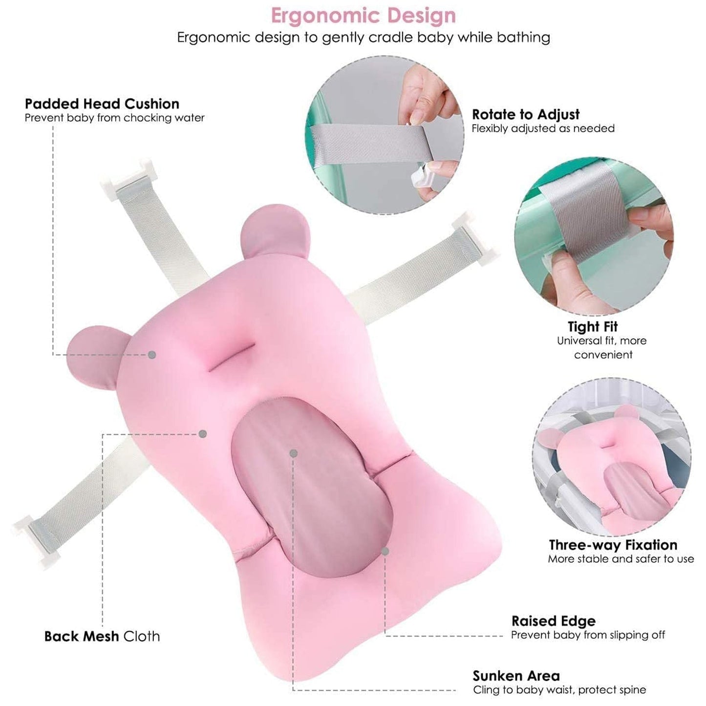 Baby Bath Pillow Newborn Anti-Slip Bathtub Pad Foldable with Strap For 0-6 Month Baby - Springkart 