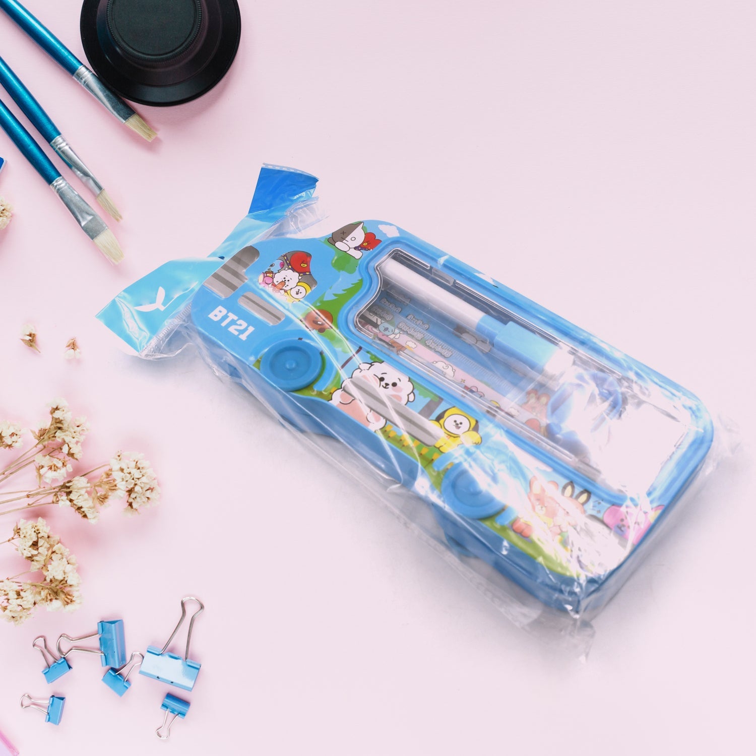 Bus Shape Compass Box for Boys, Kids School Accessories | Pencil Box with Wheels for Girls and Kids, String Operated Case Students School Supplies - Stationery Set Organizer Birthday Return Gift for Kids - Springkart 