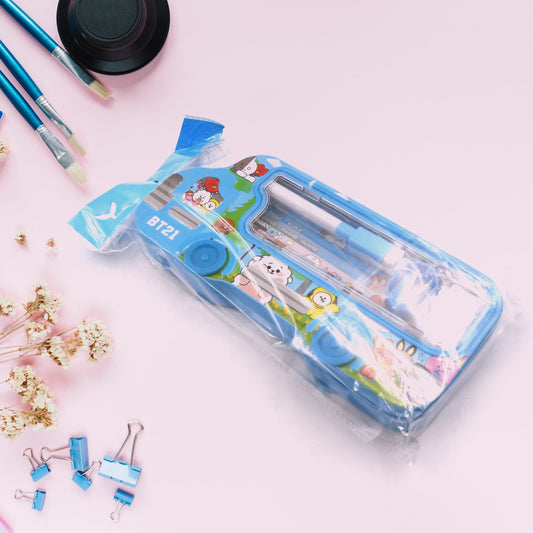 Bus Shape Compass Box for Boys, Kids School Accessories | Pencil Box with Wheels for Girls and Kids, String Operated Case Students School Supplies - Stationery Set Organizer Birthday Return Gift for Kids - Springkart 