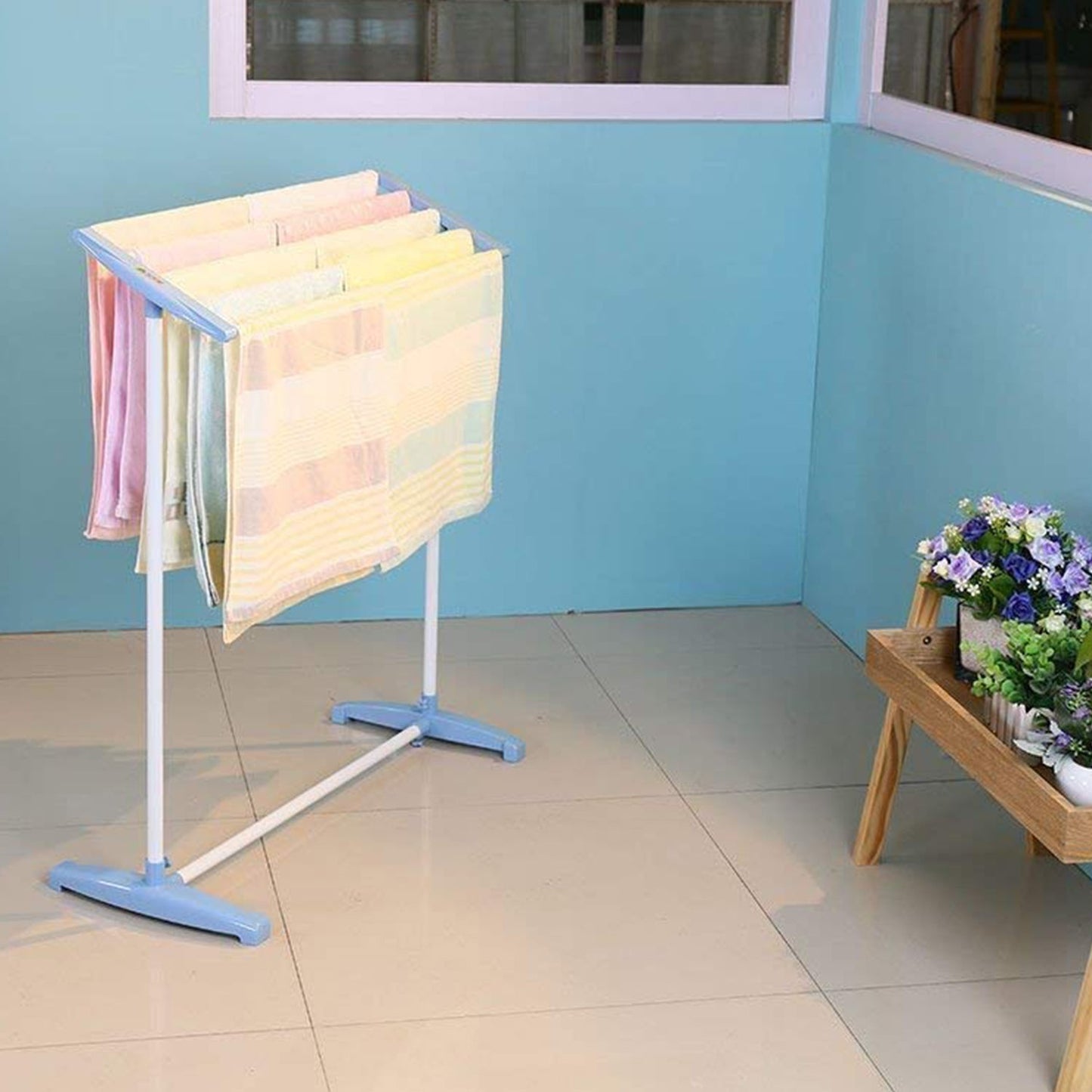 Multi-Functional Single Tier Mobile Towel Foldable Rack for Cloth and Towel / Stainless Steel and Plastic Made Mobile Towel and Cloth Rack Holder Indoor / Outdoor Standing Movable Cloth Dryer Rack, Balcony Cloth Drying Stand - Springkart 
