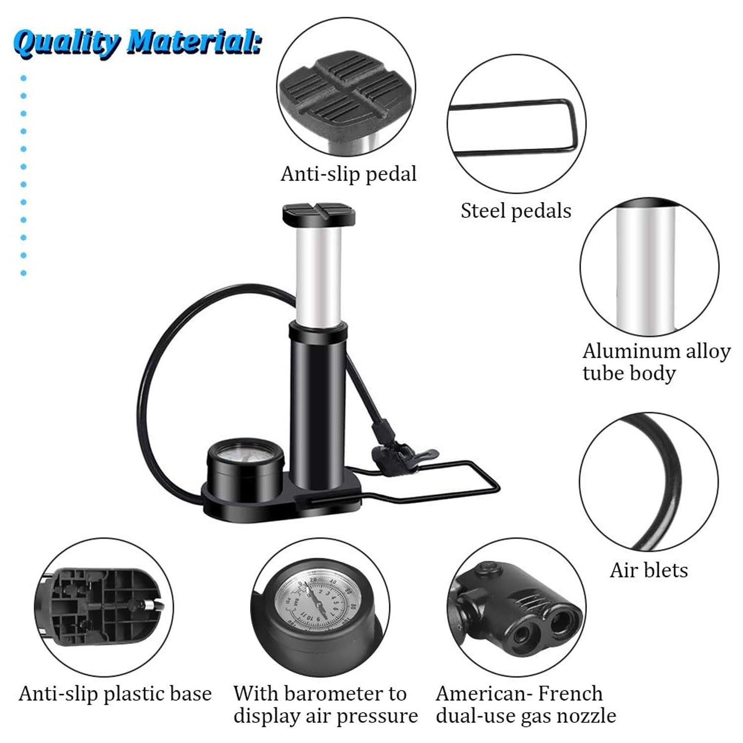 High-pressure foot air pump, portable with gauge, for bicycles and cars.