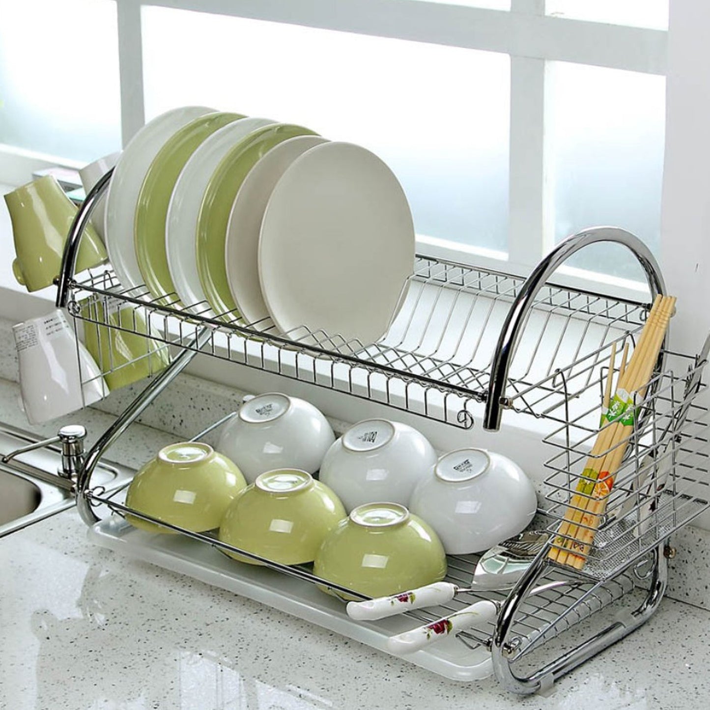 Stainless Steel 2 Layer Kitchen Dish Rack / Plate Cutlery Stand - Springkart 