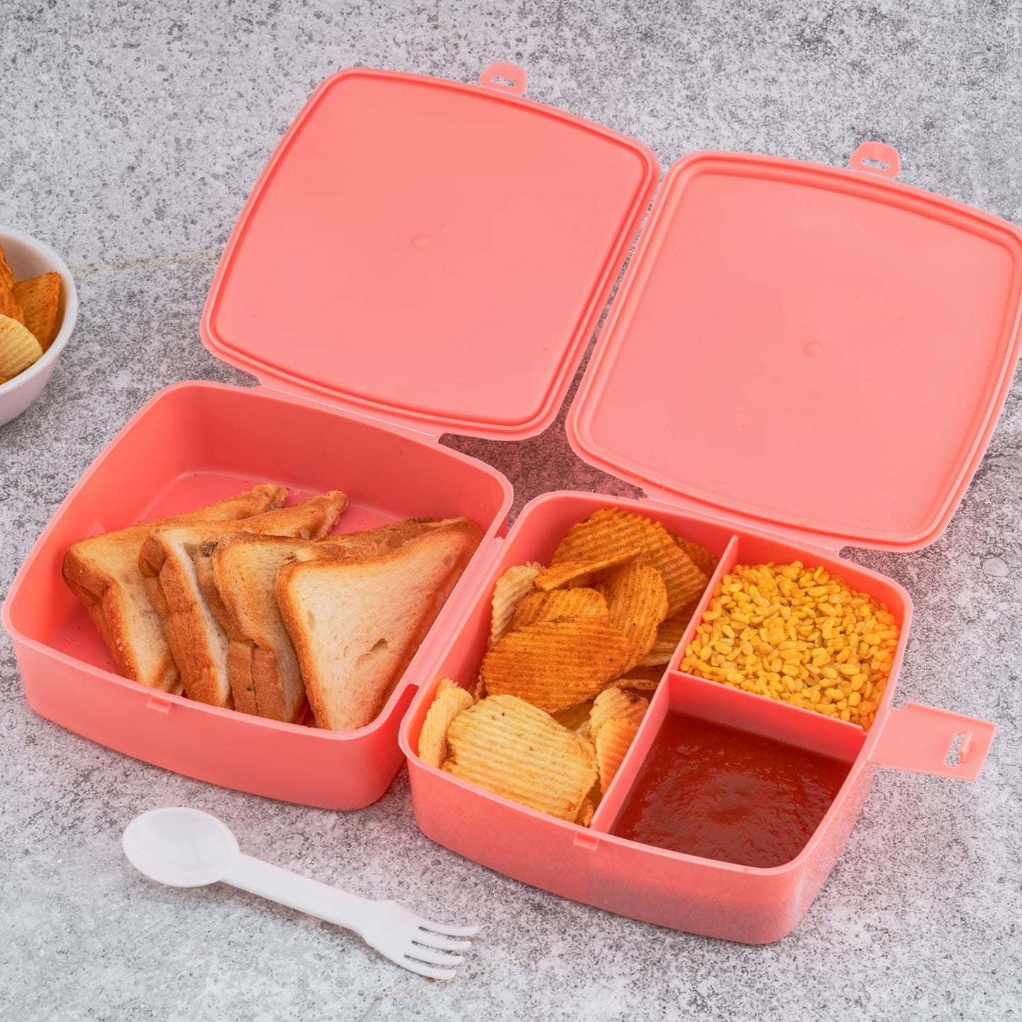 Plastic lunch box with push lock and spoon