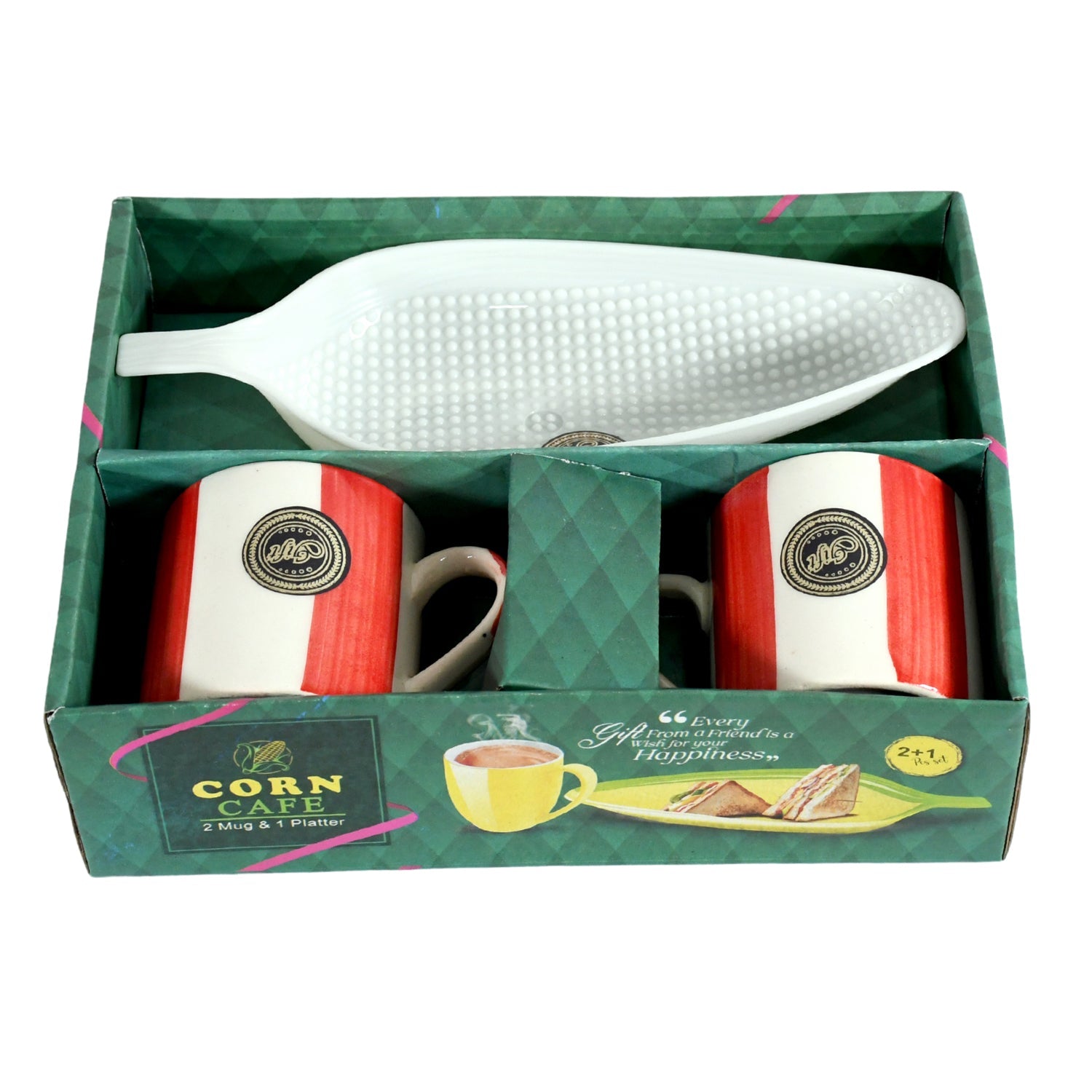 Corn Cafe Ceramic Tea / Cups Set Including Plastic Leaf Shape Serving Platter Milk Cup, Coffee Cup, Tea Cup, Breakfast Cup / Mug, or Outdoor for Household Gift For Birthday (3 Pcs Set) - Springkart 