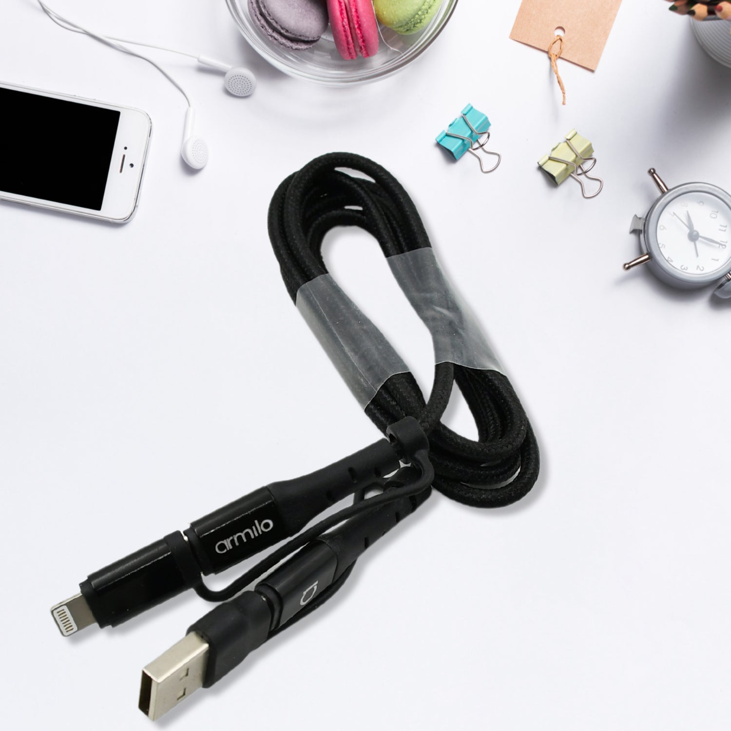 3 IN 1 Fast Charging Cable with Type C & iPhone Support, Compatible with all devices, Data Transmission, Unbreakable Braided, Tangle Free - Springkart 