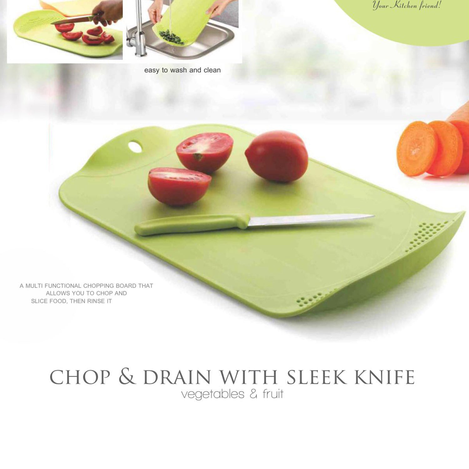 Chop & Drain Vegetables Fruits Chopping Board Sleek Knife - Springkart 