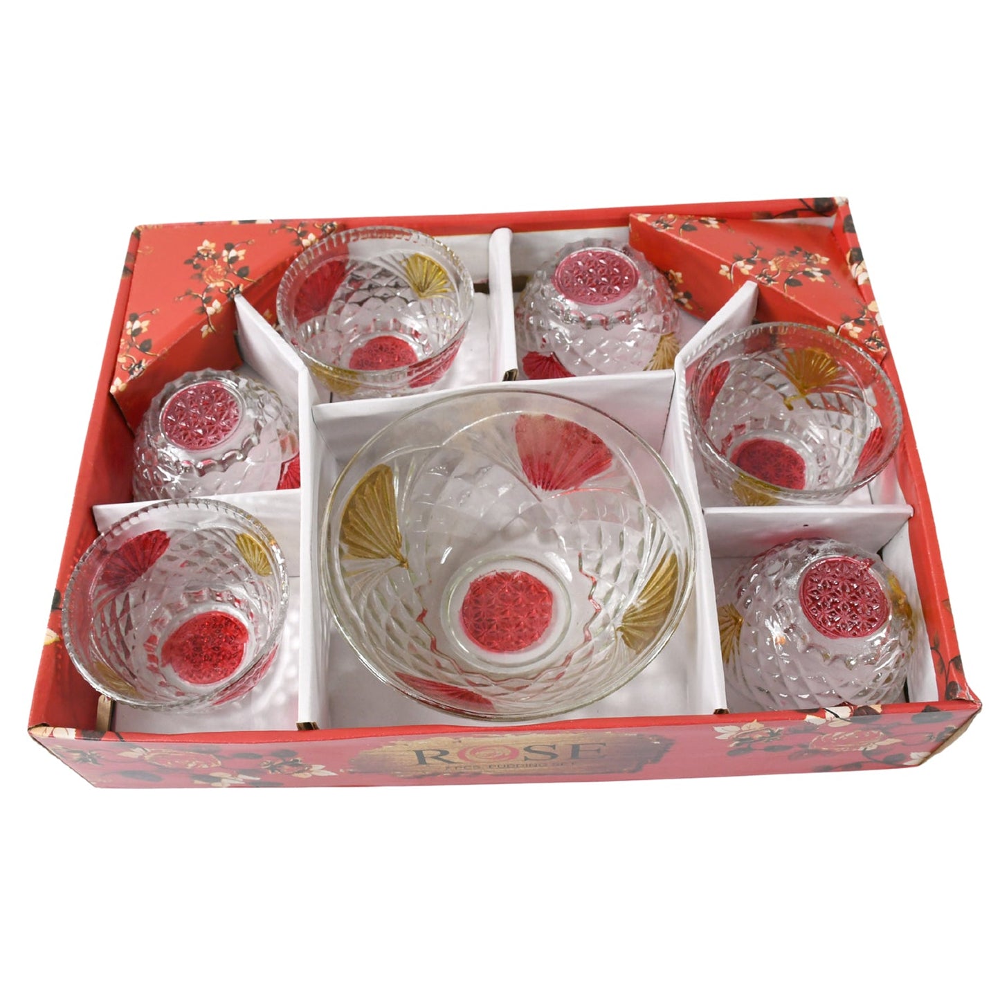Rose glass Multipurpose Pudding / Dessert / Ice Cream Bowl Set for Home use, Home & Kitchen Serving Bowl for Sundae, Sweets, Snacks, Fruit, Pudding, Nuts or Dip, Serving Bowls 6 Medium & 1 Big Bowl (Set of 7 pc) - Springkart 