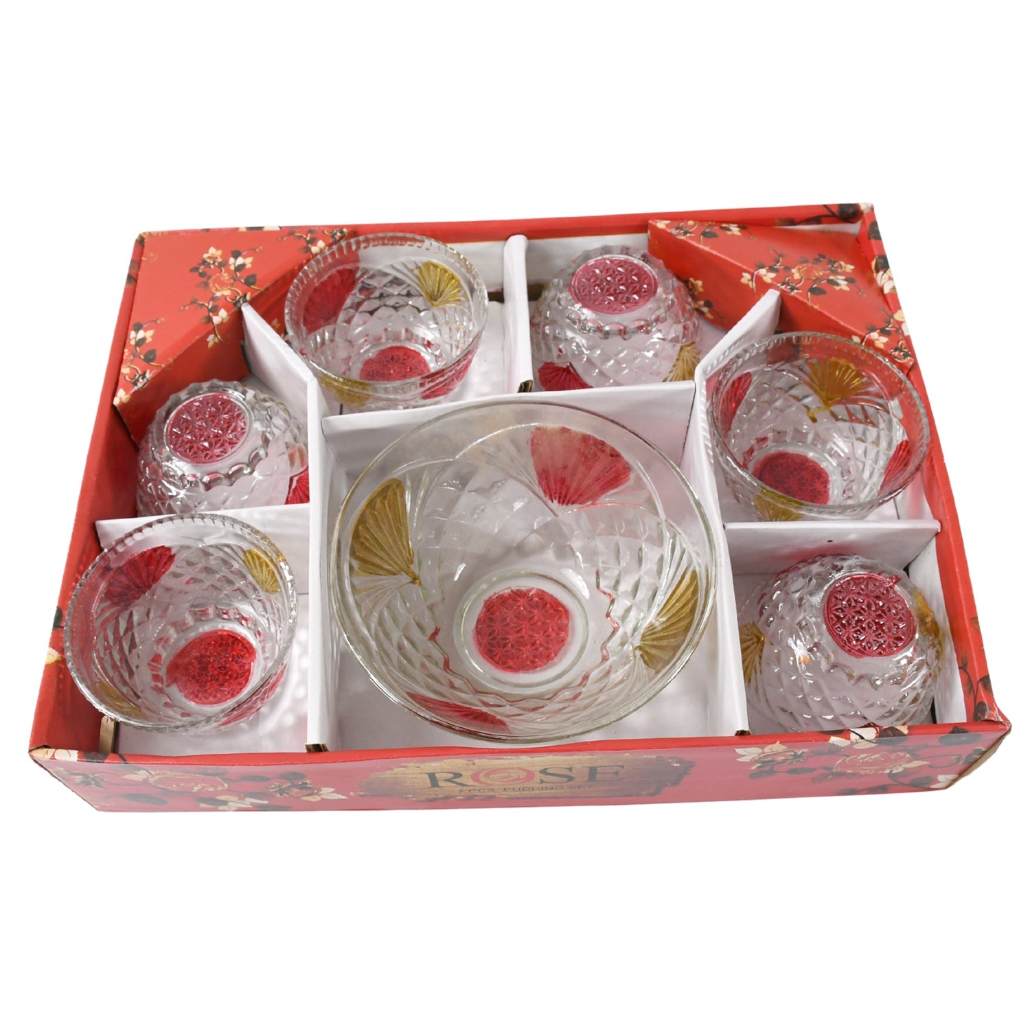 Rose glass Multipurpose Pudding / Dessert / Ice Cream Bowl Set for Home use, Home & Kitchen Serving Bowl for Sundae, Sweets, Snacks, Fruit, Pudding, Nuts or Dip, Serving Bowls 6 Medium & 1 Big Bowl (Set of 7 pc) - Springkart 