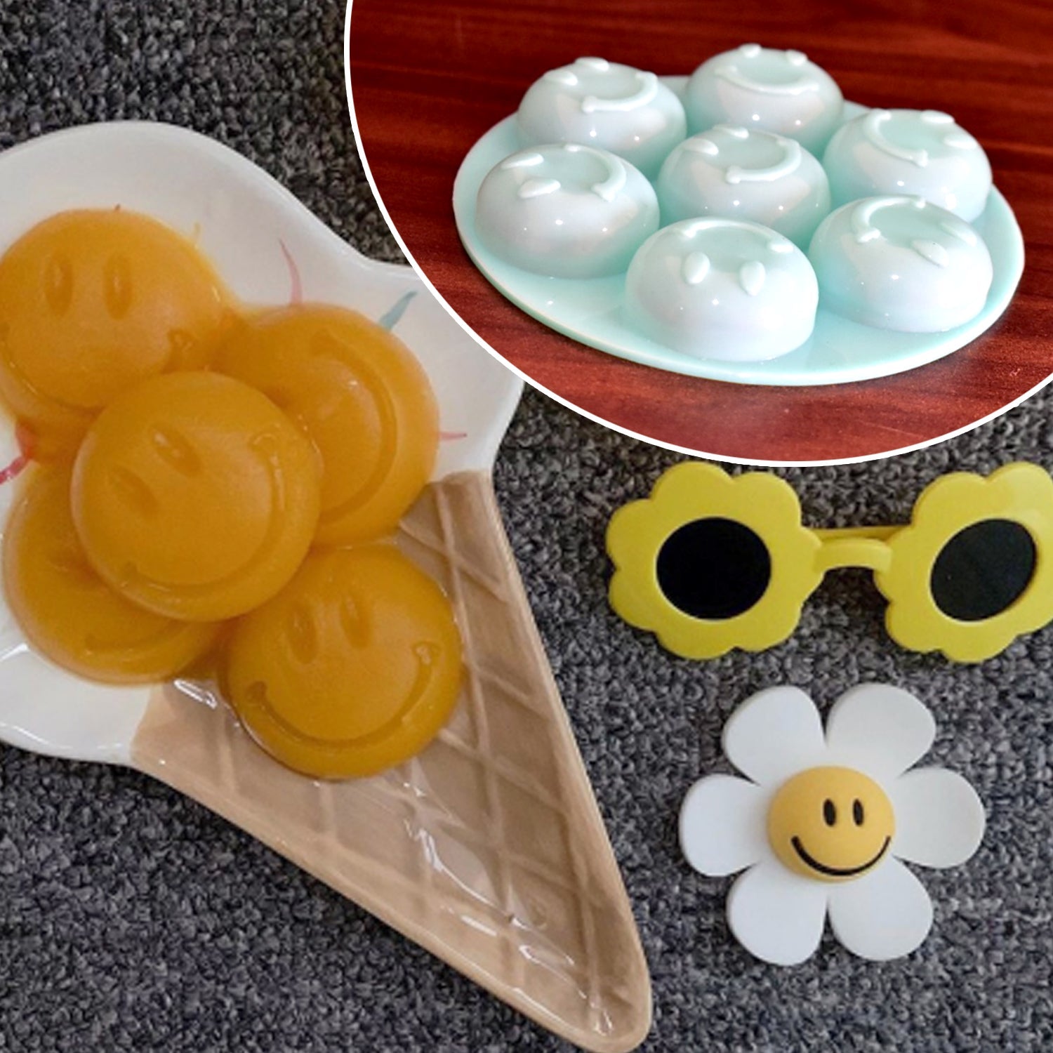 Flexible silicone mold with seven smiley cavities for baking