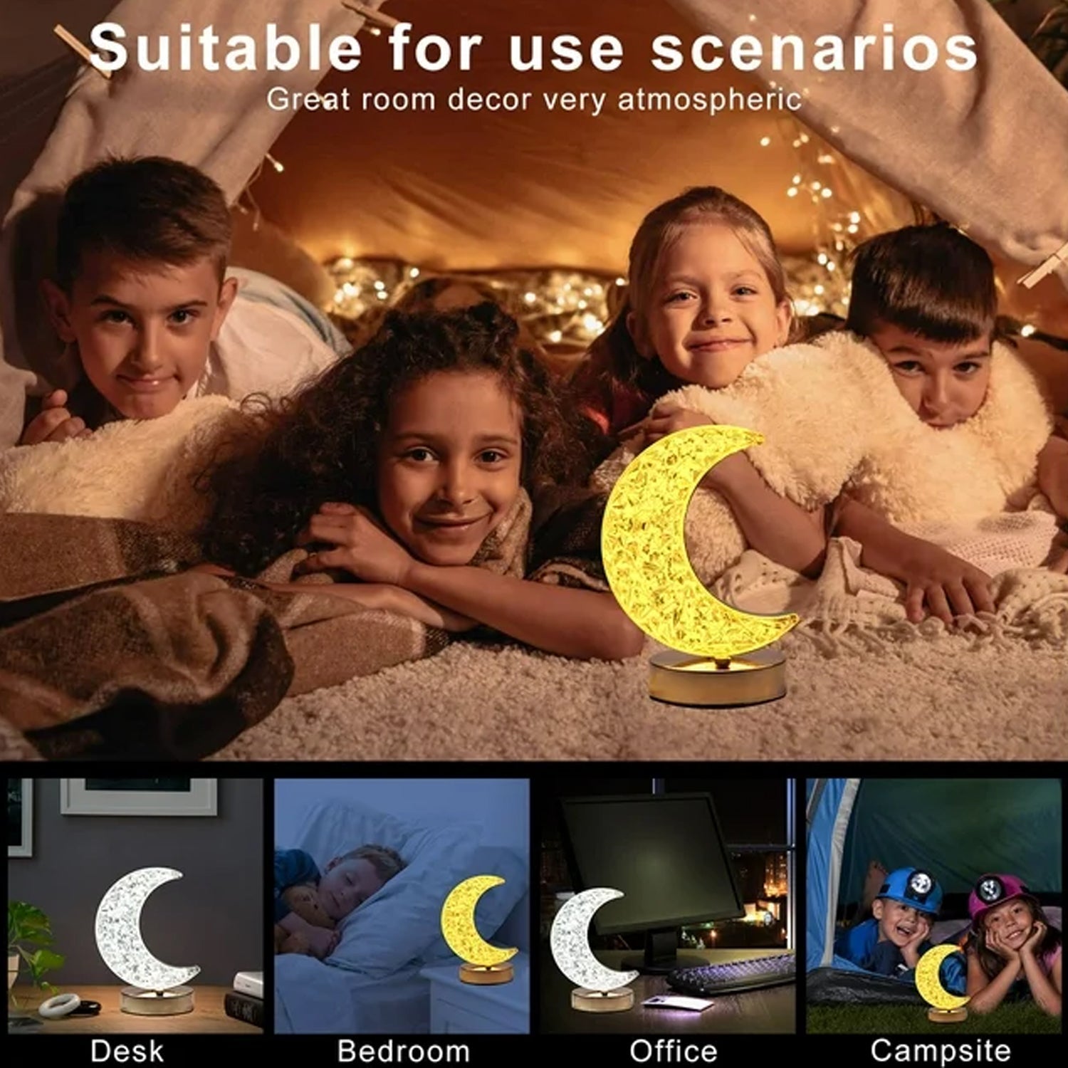Crystal Table Lamp | Moon Shape Touch Control Lamp with 3 Color | Metal Bedside Lamp for Kids Bedroom Romantic Desktop Nightstand | Stepless Dimming USB Charging Touch Night Light - Springkart 