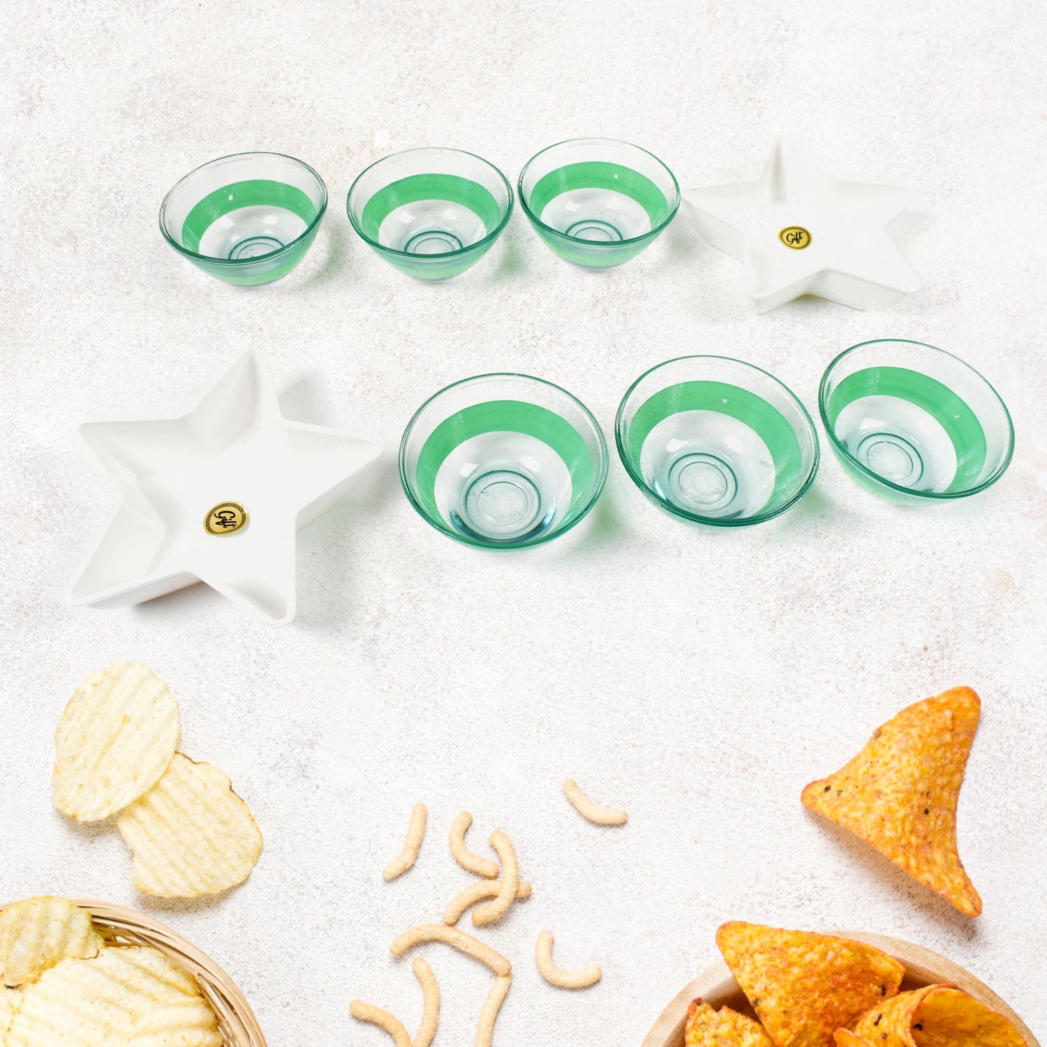 Star Station High Quality 6 Pc Glass Bowl & 2 Pc Plastic Star Shape Snack Bowl Set (8 Pcs Set) - Springkart 